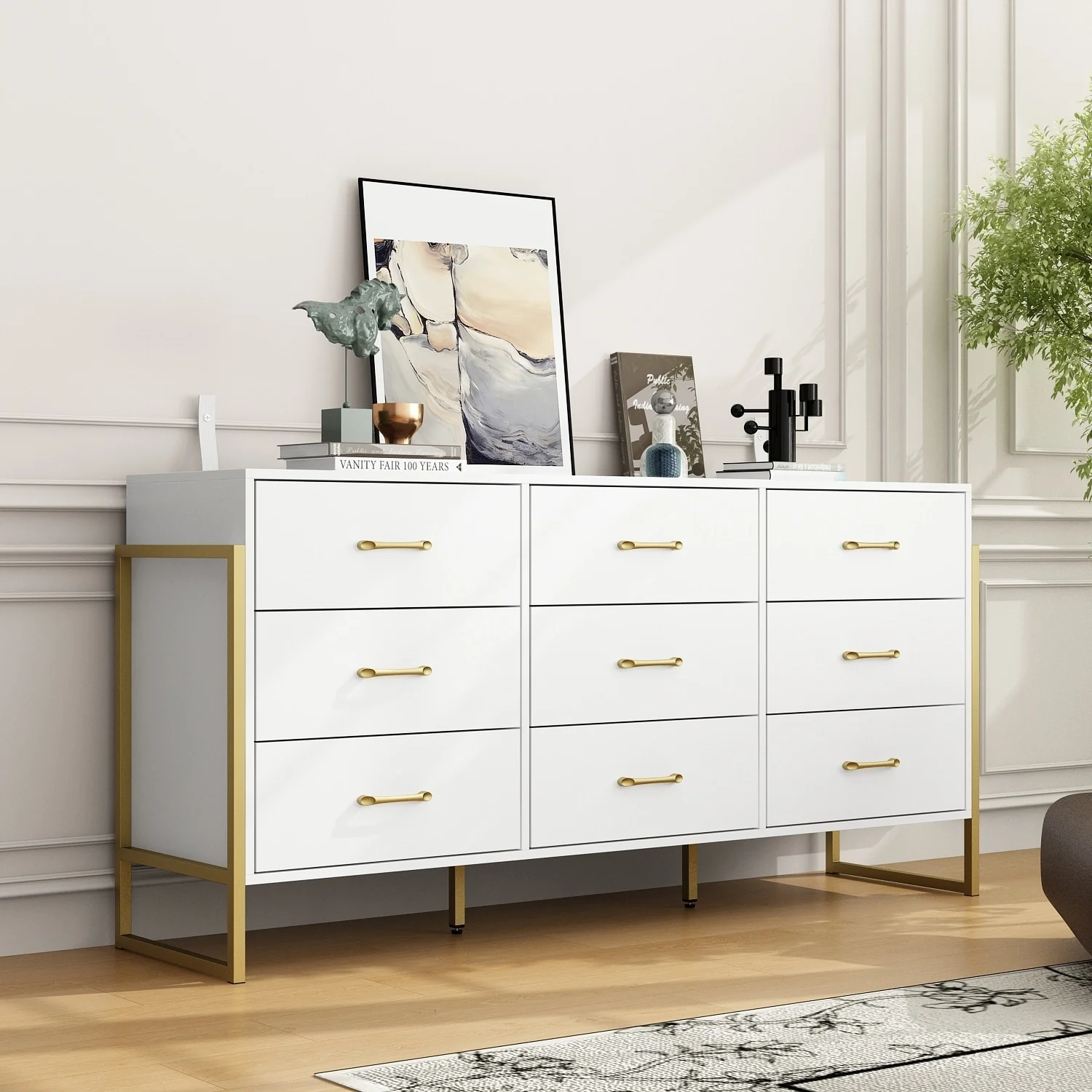 Elegant 9-Drawer Dresser with Gold Accents - Black Stripe Finish Chest