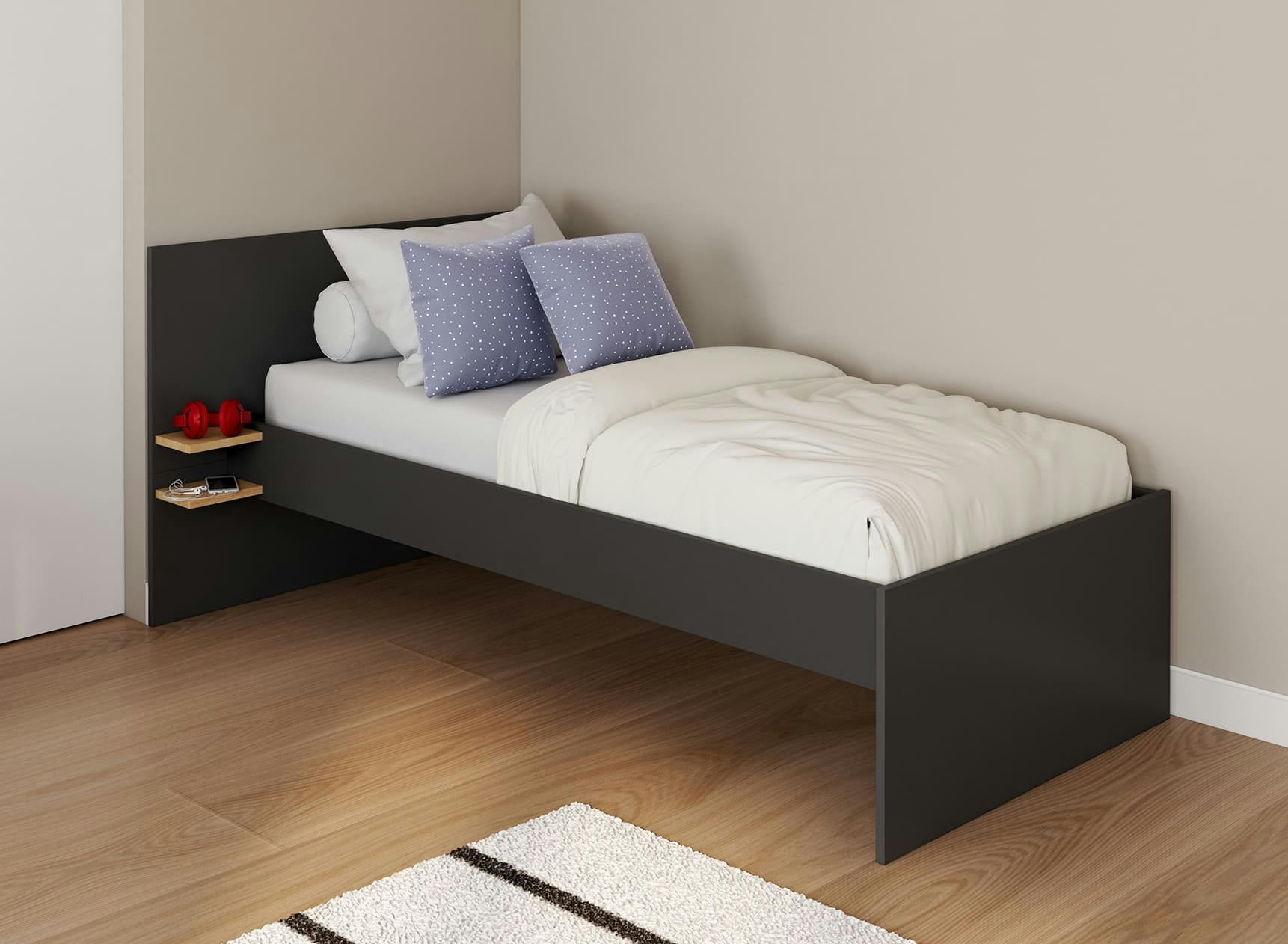 ALBI - Lit enfant avec chevet 90x200 Ardoise et Chêne