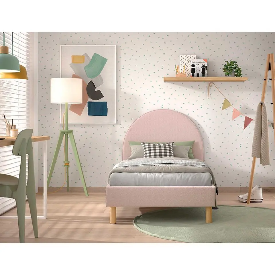 Gestoffeerd bed Maeva 90x200cm - roze boucl&eacute; stof