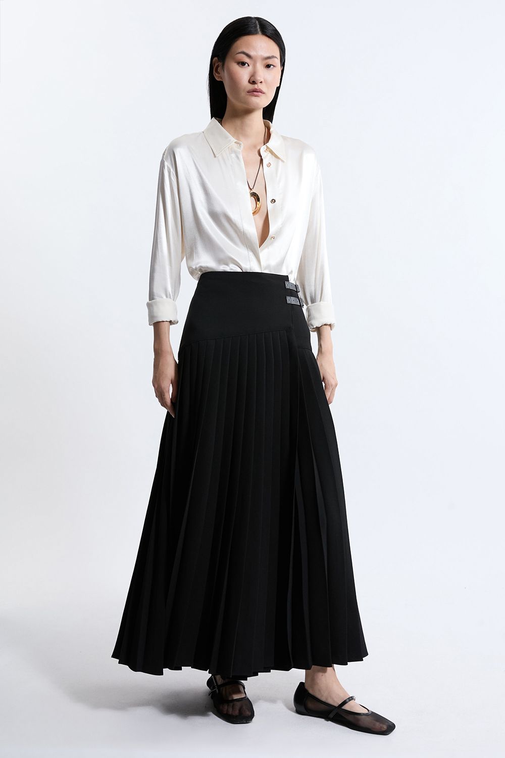 KarenMillen Tailored Crepe Pleated Buckle Detailed Maxi Skirt