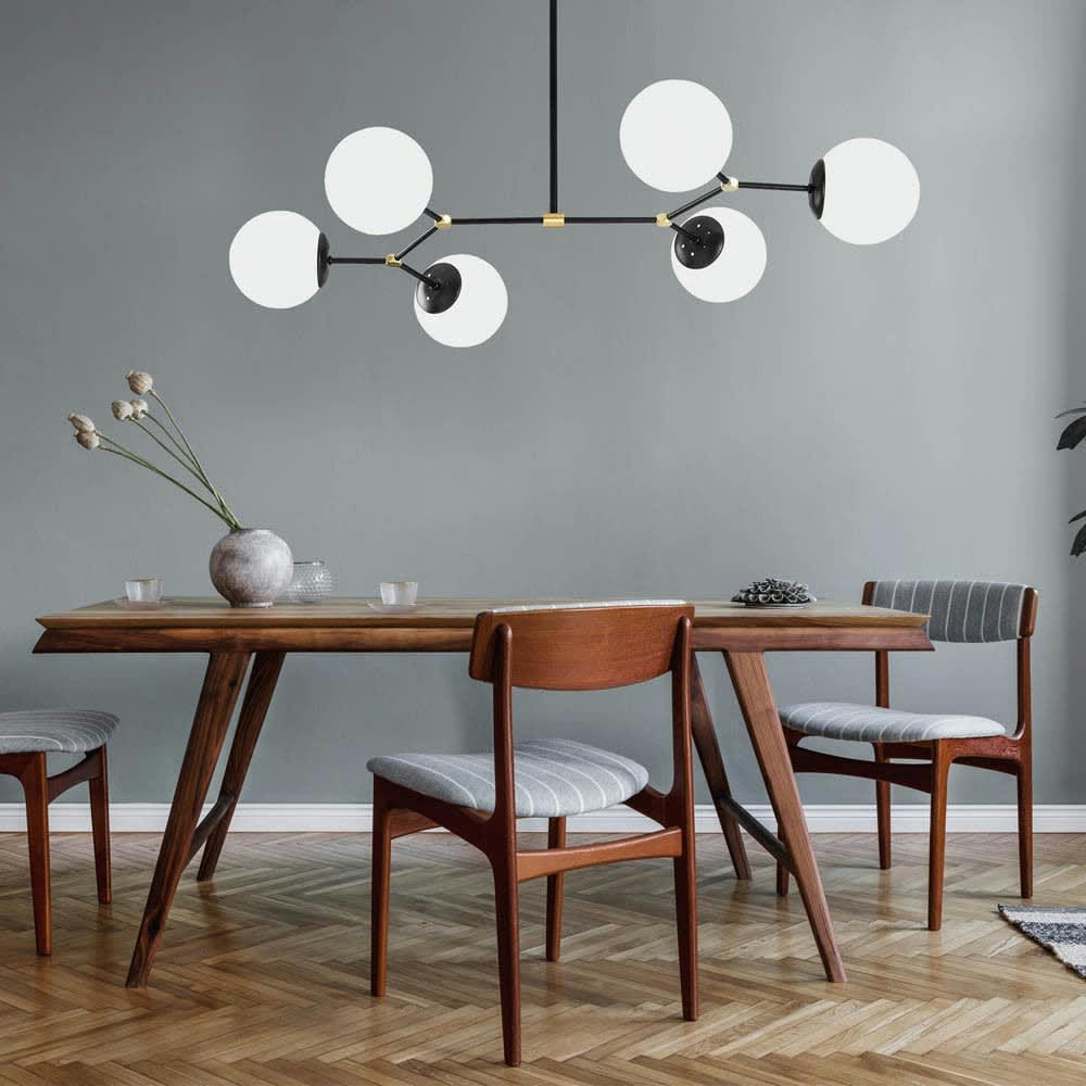 MULEN - Suspension noir 6 lumières avec abat-jour en verre opale