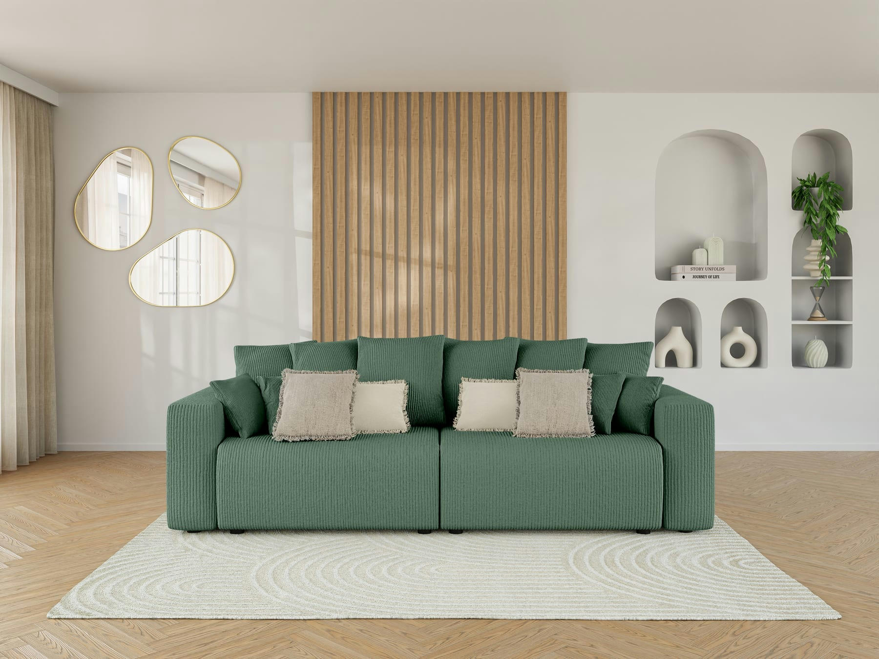 LEA - Canapé droit convertible en velours côtelé 3 places vert