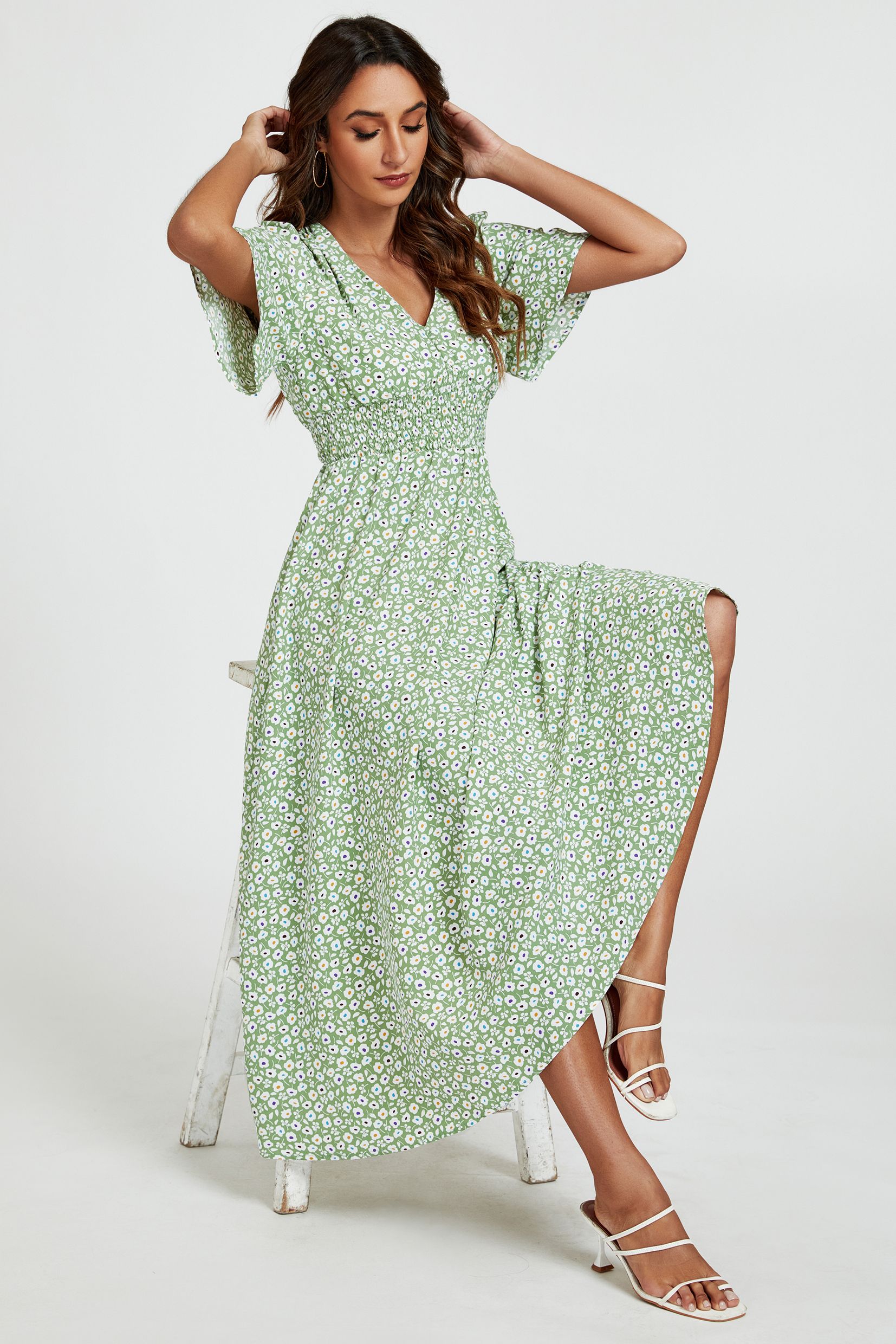 FS Collection Multi Floral Print V Neck Midi Dress In Green