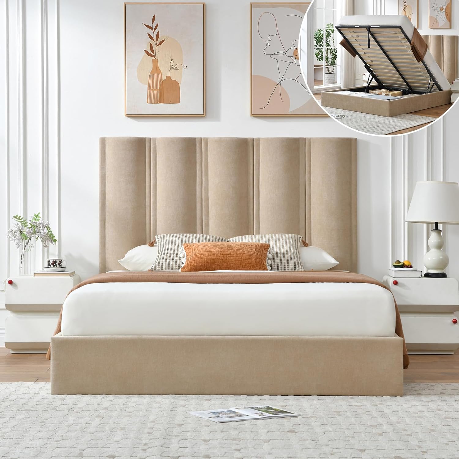 Queen Size Lift Up Storage Bed, Upholstered Platform Bed Frame with Storage Underneath, 51.6'' Tall Vertical Channel Tufted Headboard, Linen-Textured, Hydraulic Support, No Box Spring Needed, Beige