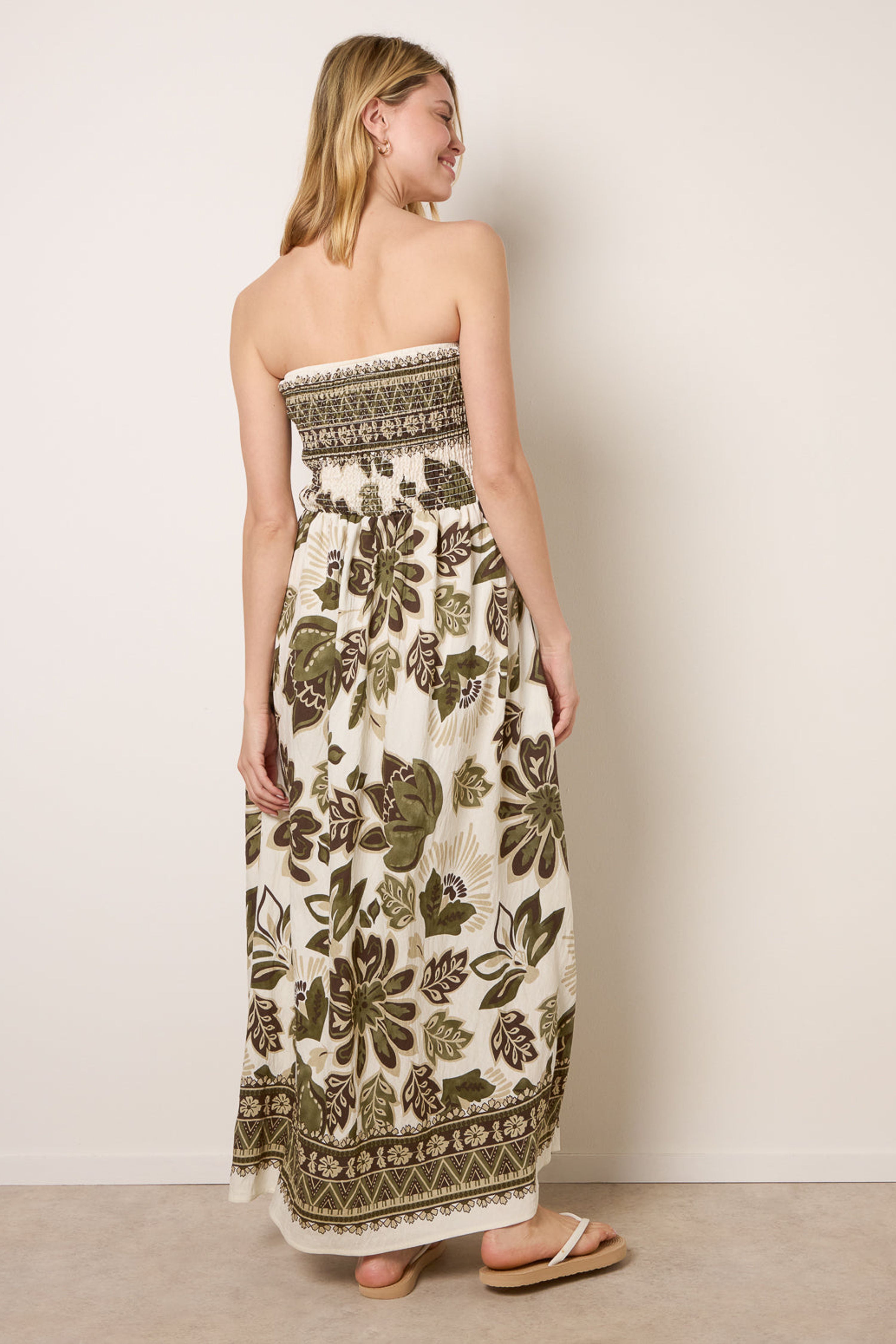 Blue Vanilla Khaki Flower Print Bandeau Maxi Dress