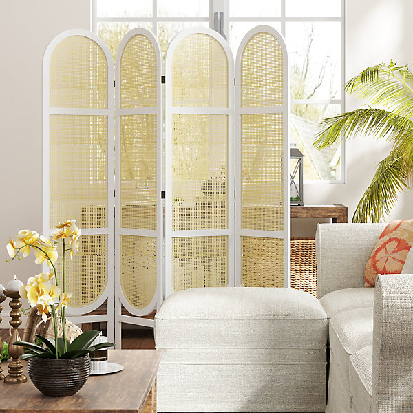 Paravent interieur pliable 4 panneaux 160 x 170 cm séparateur de pièce résine tressée effet rotin bois blanc