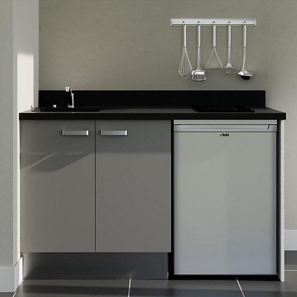 Kitchenette K17 - 140 cm - façades Gris - Plan monobloc en quartz coloris Nero évier à gauche - Electroménager Inox