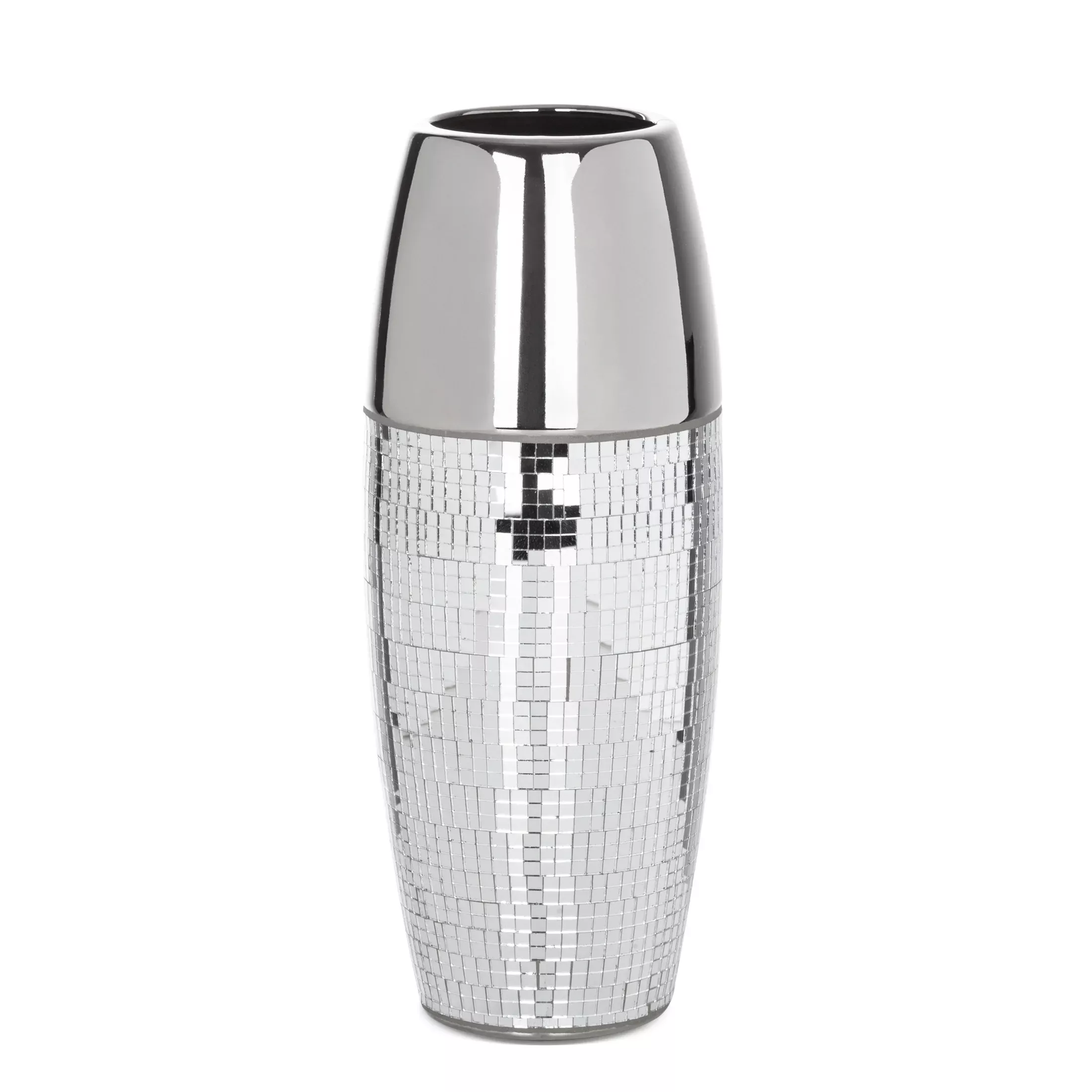 Wazon ceramiczny srebrnyzdobiony drobnymi witrażowymi lusterkami średnica 12x30 cmMIRONA