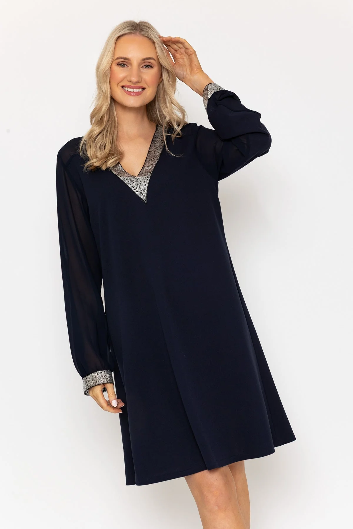 Navy Sequin Trim V-Neck Dress