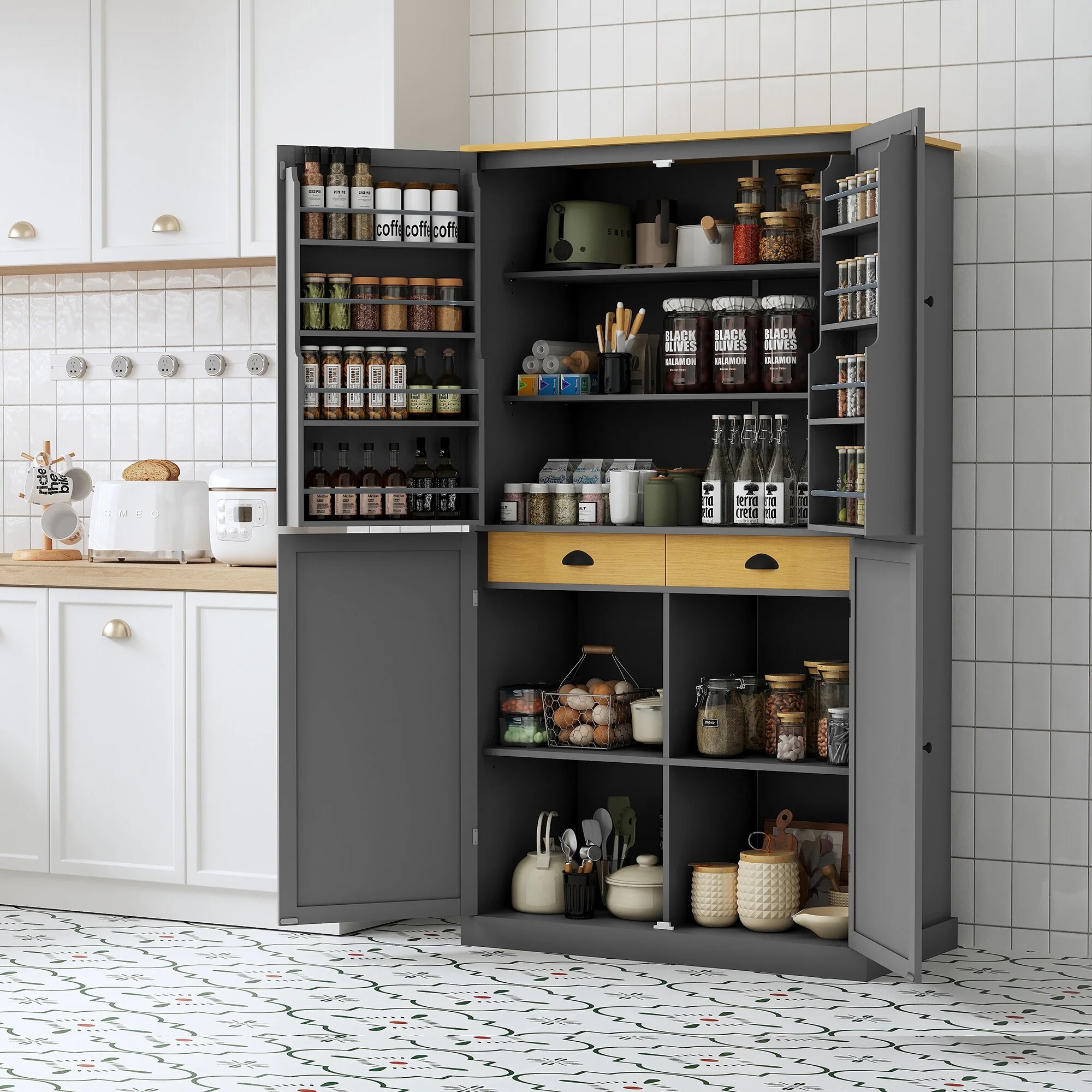 Roomfitters Large Freestanding Kitchen Pantry with Adjustable Shelves and 8 Door Shelves