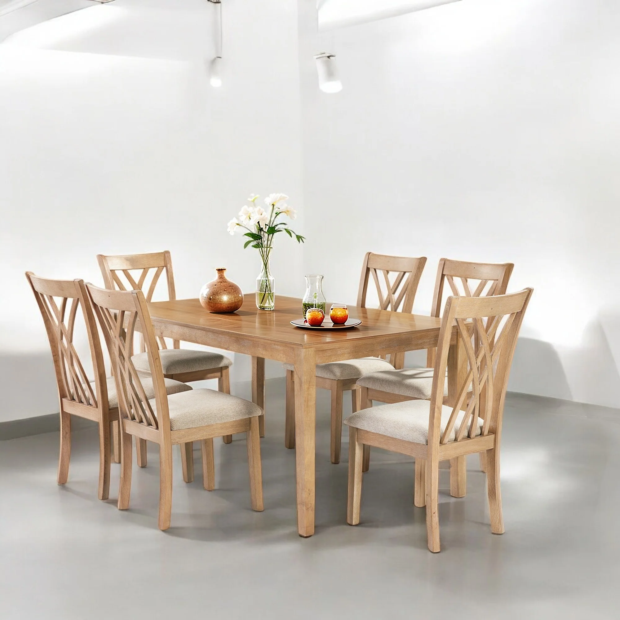 Modern 7-Piece Dining Table Set with 6 Wooden Chairs, 60 Rectangular Oak Table, Solid Wood Kitchen & Dining Room Furniture