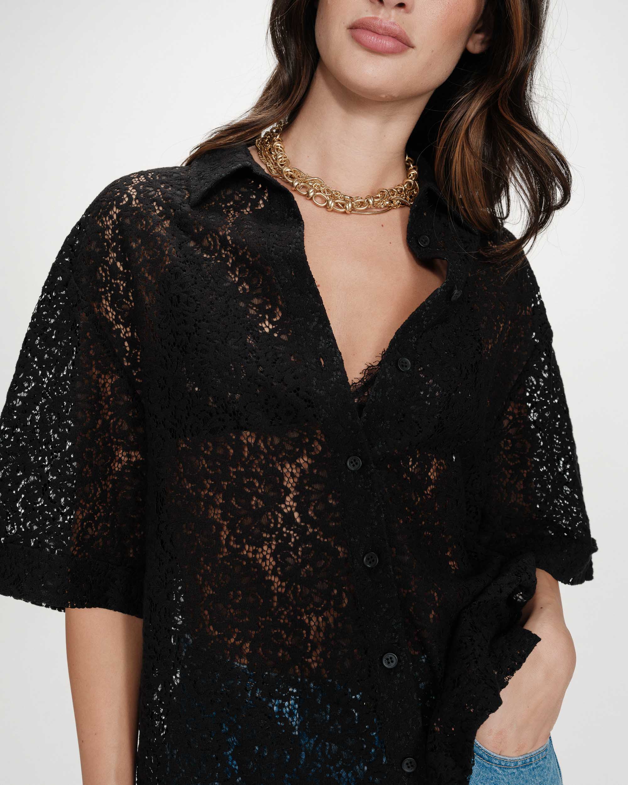 Chemise en dentelle transparente manches 3/4 noir Vendel