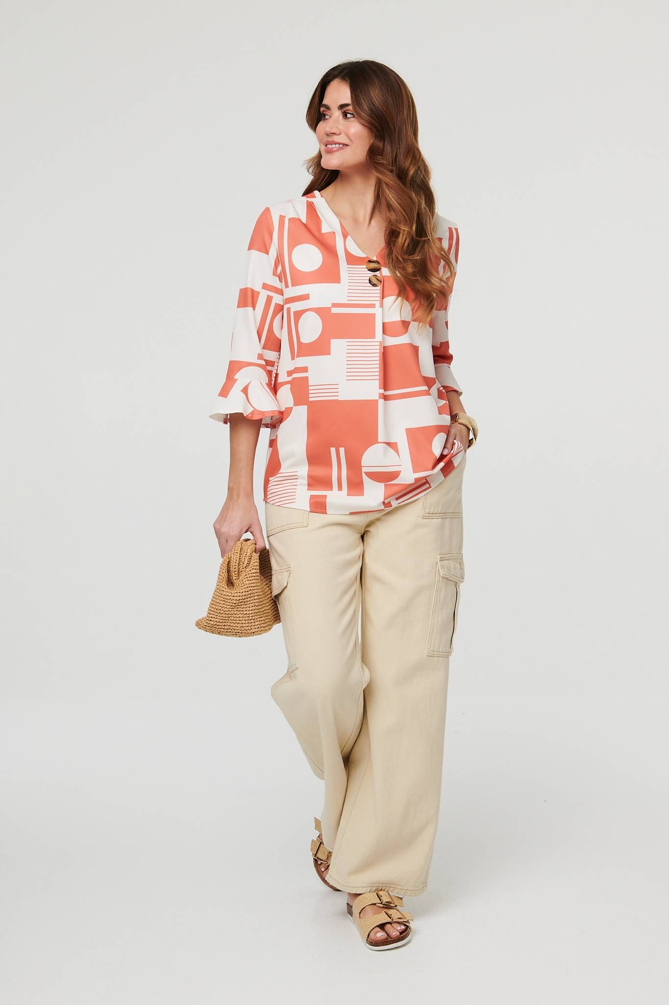 Izabel London Geo Print 3/4 Flared Sleeve Blouse