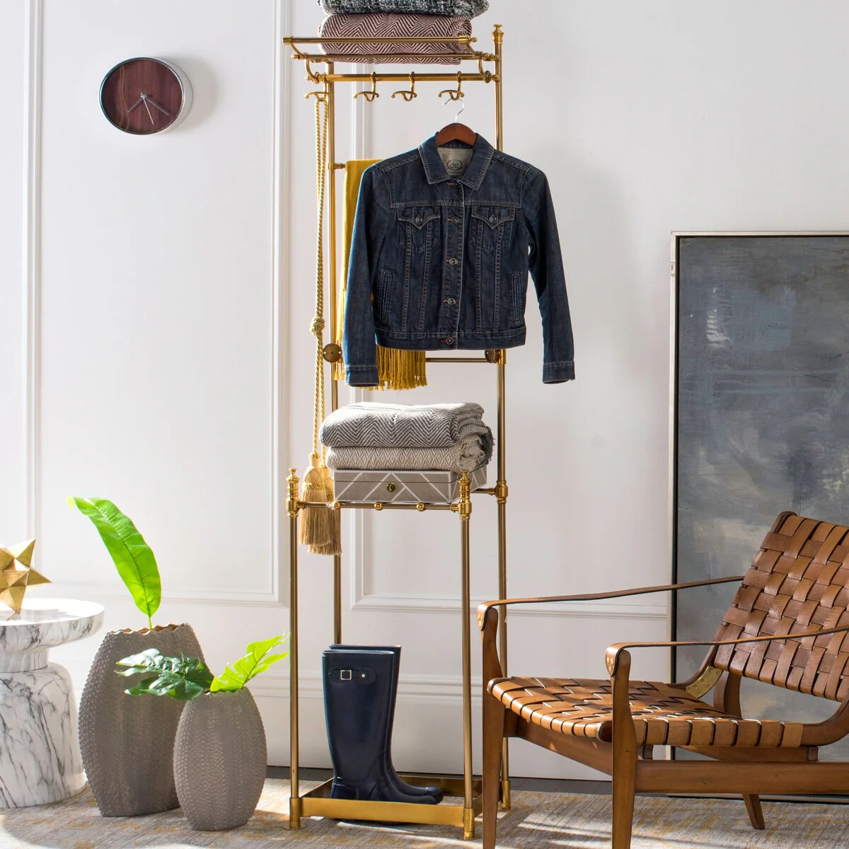 happimess Tenley 80 4-Hook Coat Rack with Umbrella Stand, Brass