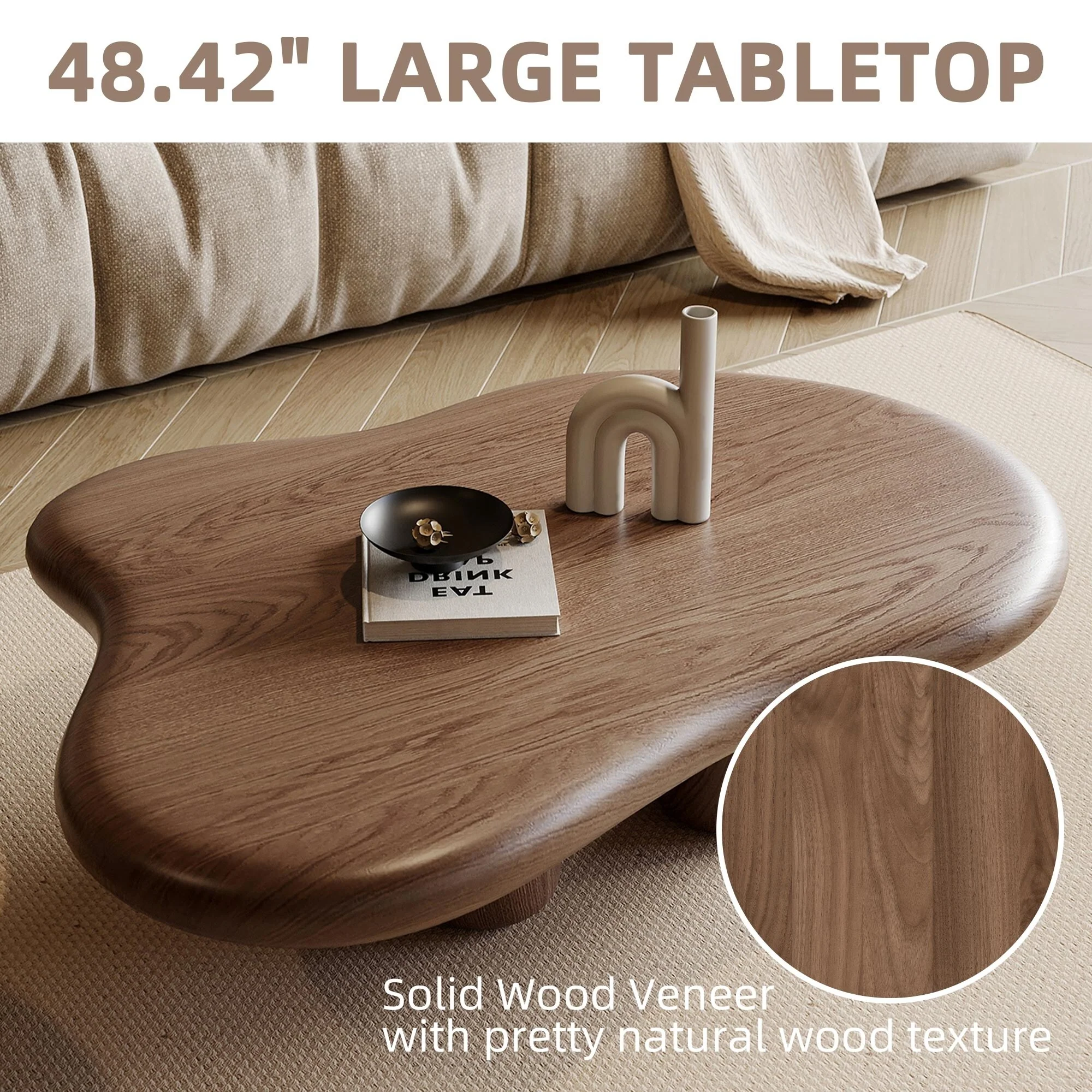 48.4inch Modern Walnut Cloud Shaped Coffee Table, Mid-Century Brown Solid Wood Coffee Table for Livingroom - 48