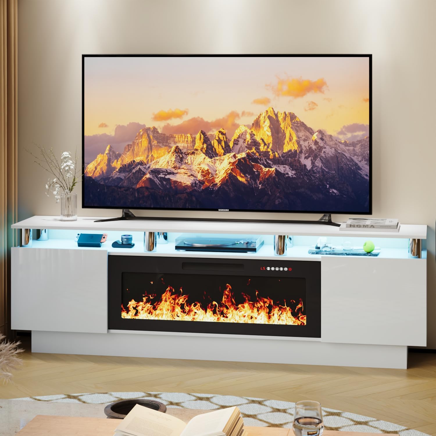 LEMBERI 70 Inches Fireplace TV Stand for TVs up to 80 Inches with 36'' Electric Fireplace & Remote, Modern Entertainment Center with Luxury LED Light,Woodeen TV Console for Living Room