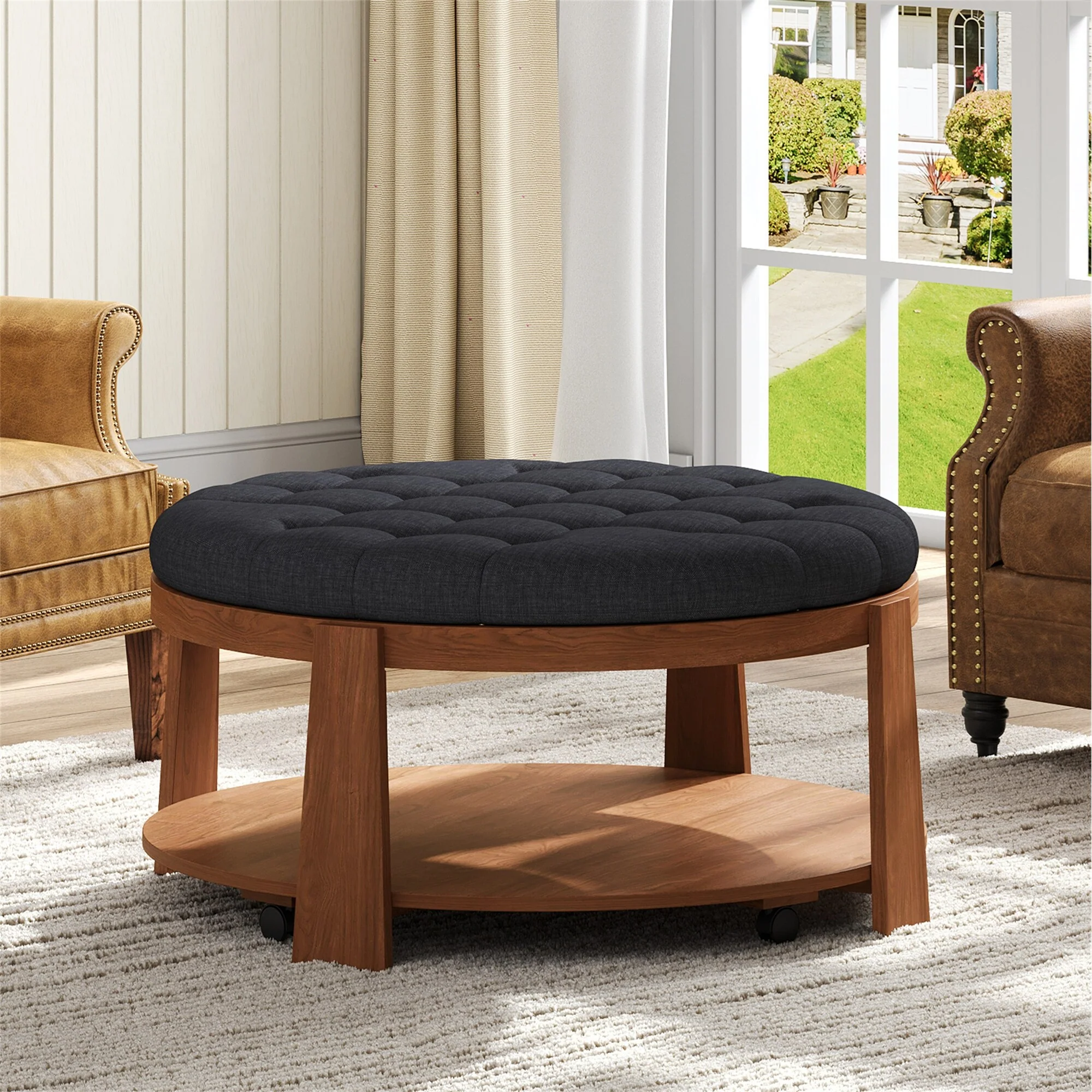 Modern Large Round Ottoman Coffee Table 2Tier Oversized Button Tufted Ottoman