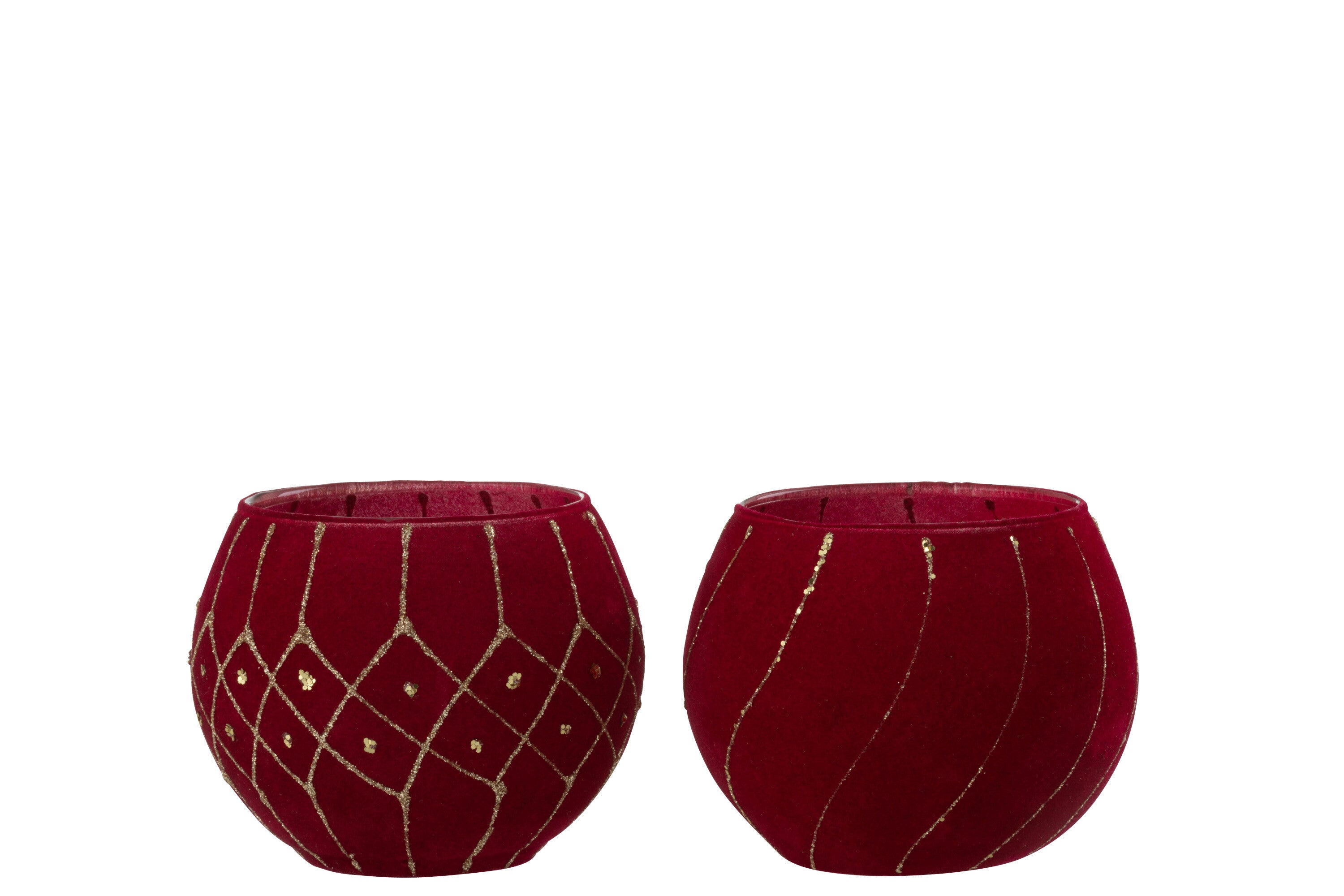 J-Line kaarshouder Lijnen/Geruit - fluweel - rood/goud - 2 stuks