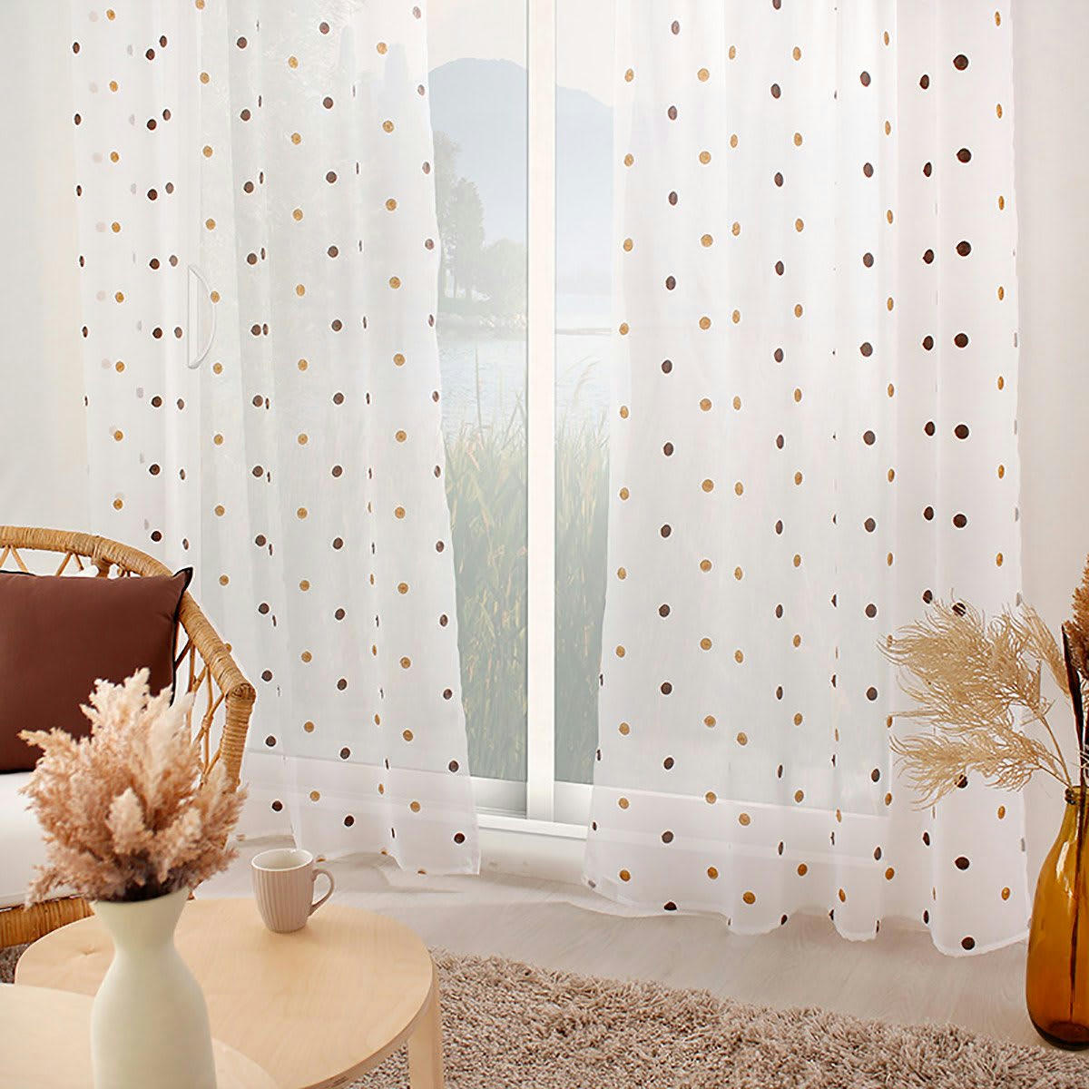 SMARTIES - Voilage sablé brodé pois colorés polyester vison or 240x140cm