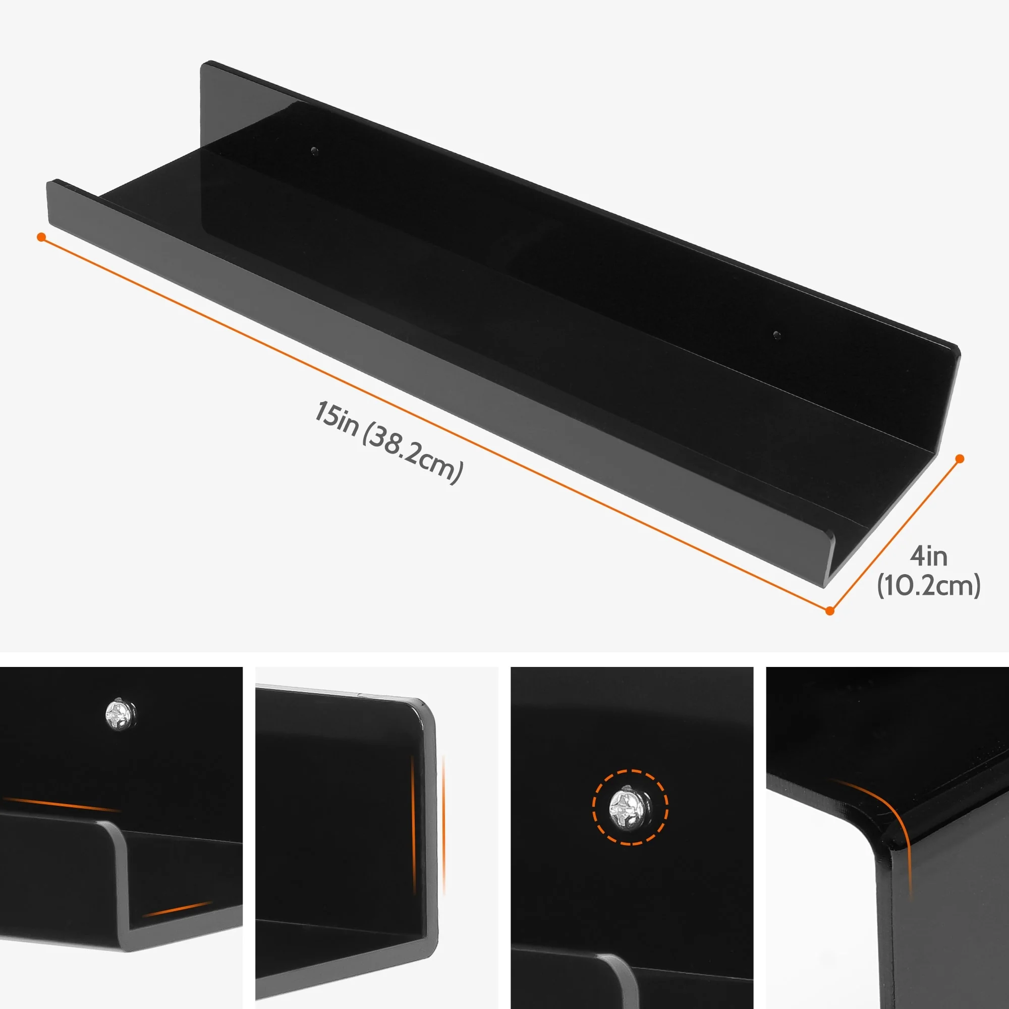 Acrylic Floating Shelves for Wall, Clear Acrylic Shelves for Bathroom Living Room and Kitchen Room Wall Display Shelf Black