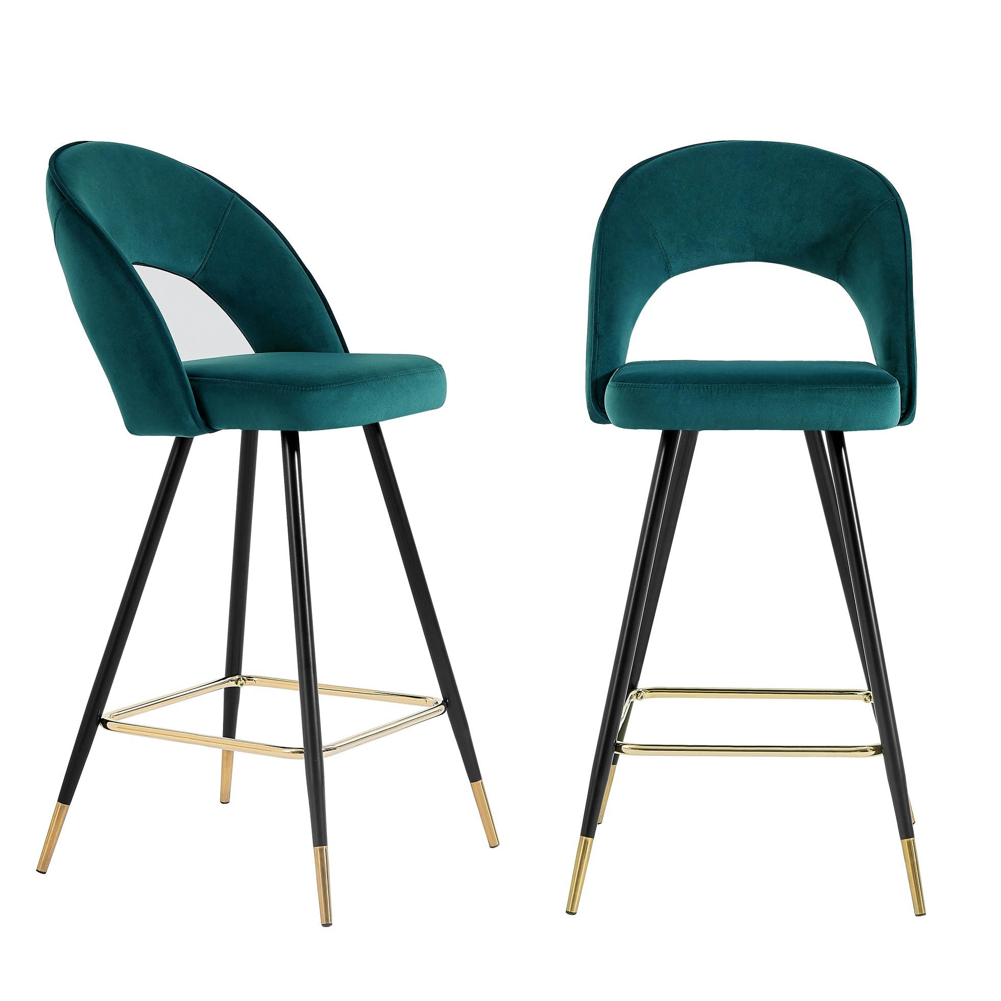 BASILE - Lot de 2 tabourets de bar en velours bleu pieds noir et doré