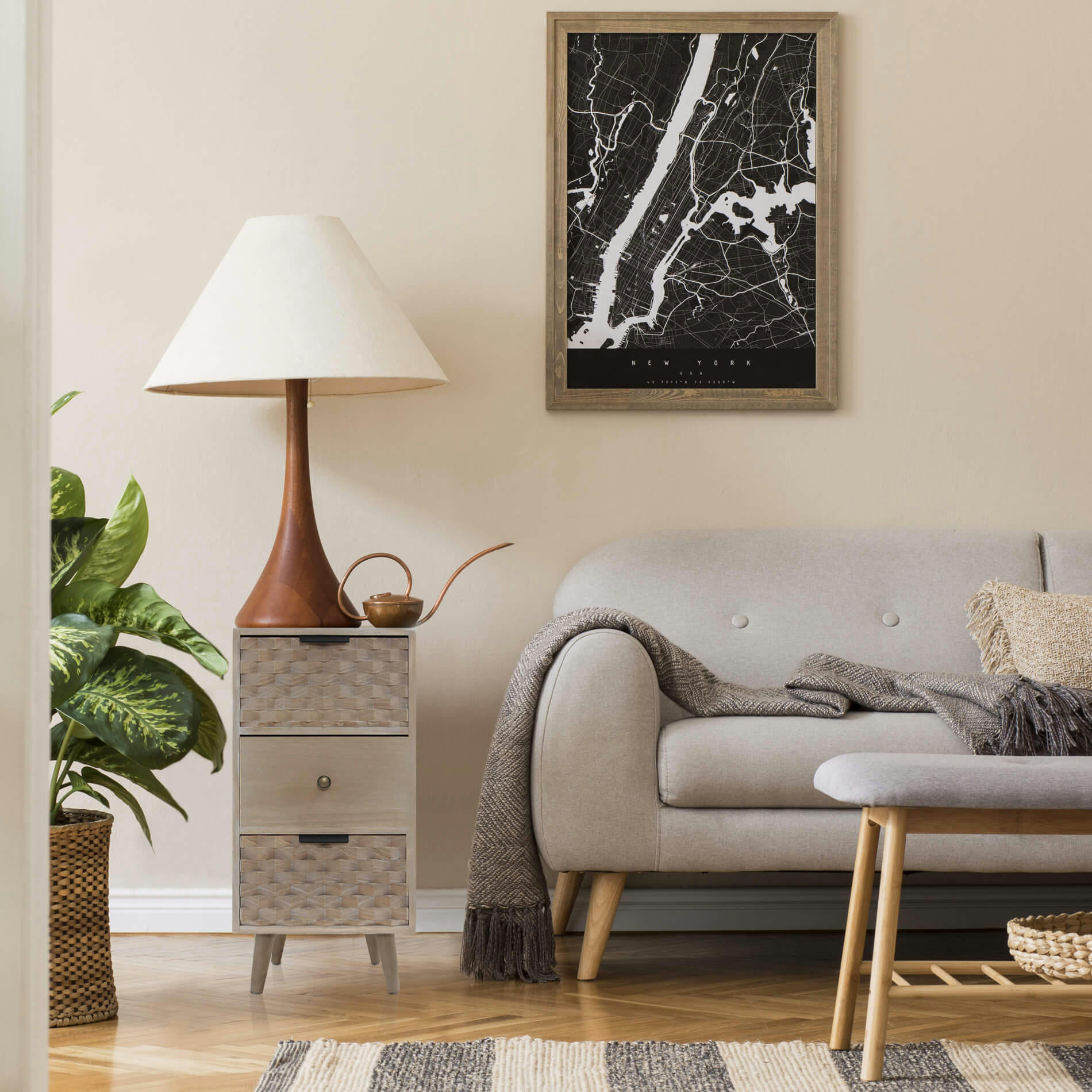 - Table de chevet étroite avec 3 tiroirs marron