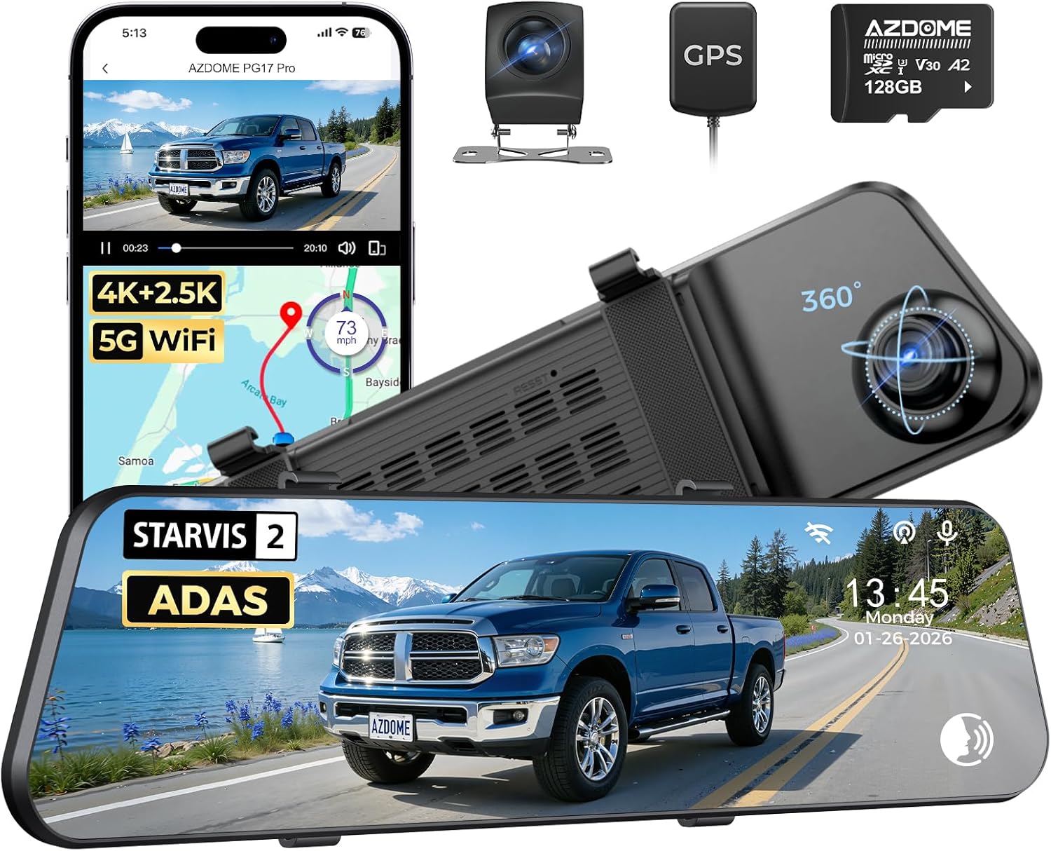 AZDOME PG17 Pro STARVIS 2 Mirror Dash Cam Front and Rear with IMX678  ADAS 12 Rear View Mirror Camera  4K+ 2.5K Dual HDR Dash Camera for Cars  5.8GHz WiFi Car Camera with 128GB Card Voice Control GPS