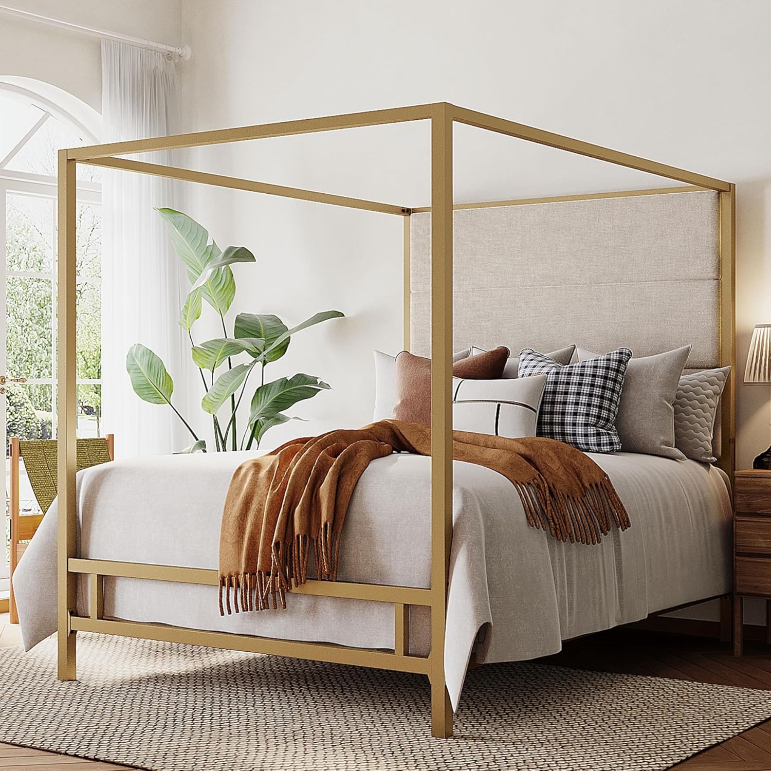 Merax King Size Gold Metal Canopy Bed Frame, Modern Upholstered Linen Headboard with Tall Back Support, 800 lbs Weight Capacity, Luxurious 4-Poster Bedroom Furniture for Modern Home, Gold+Tan