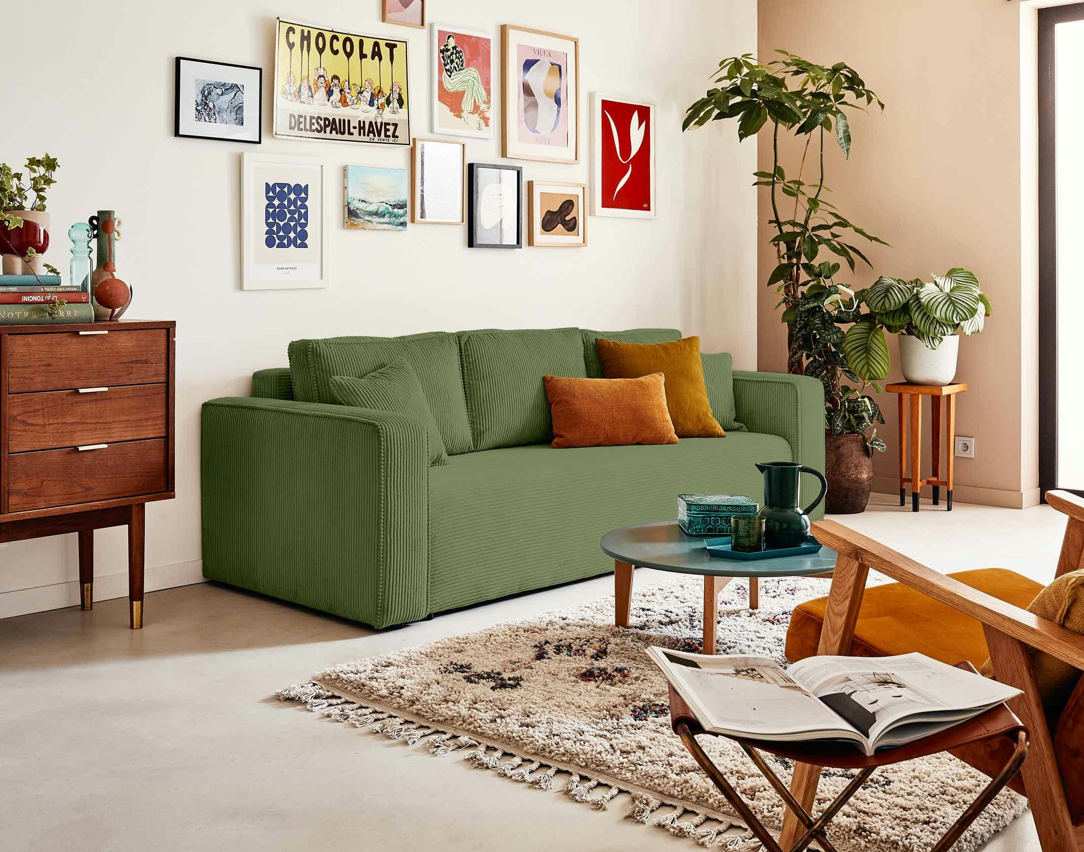 TOPAZE - Canapé droit convertible 3 places en velours côtelé vert sauge