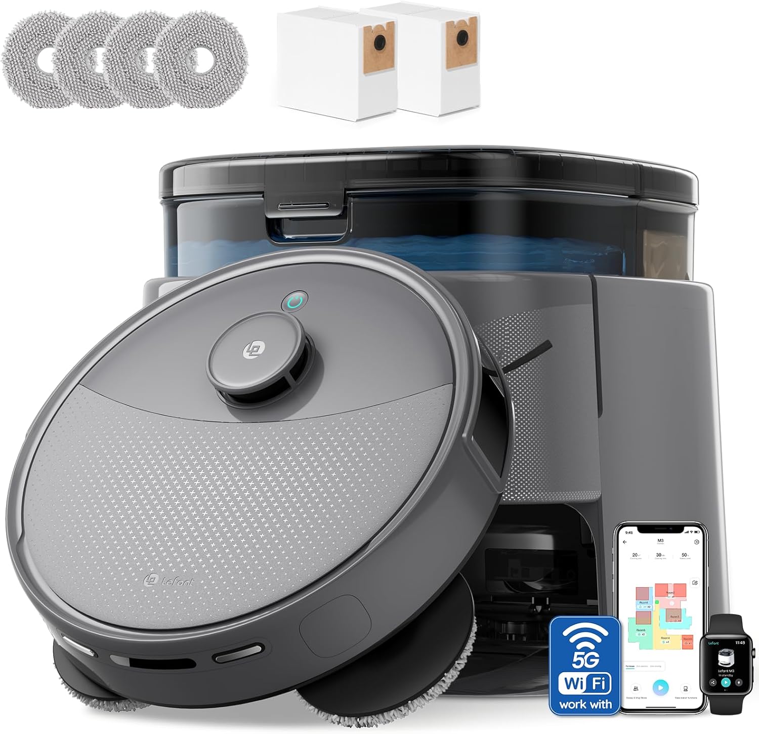 Lefant LiDAR Robot Vacuum and Mop, 20000Pa Suction, 90-Day Self-Emptying, Obstacle Avoidance, Auto Mop Washing&Drying, All-in-One for Pet Hair Carpet, 5G WiFi Alexa/APP/iWatch Control, M3 Max