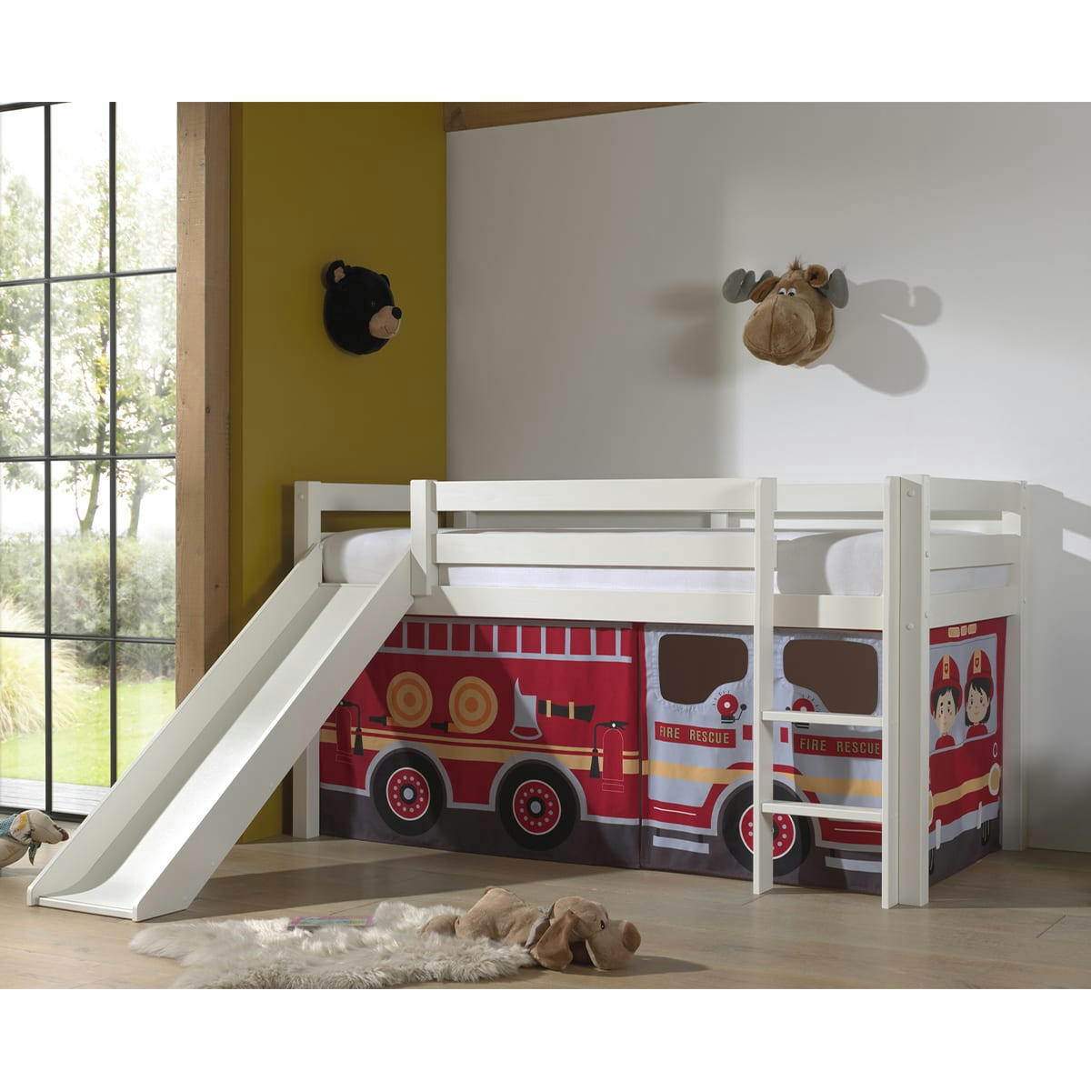 PINO - Lit mi-hauteur 90x200 toboggan sommier inclus housse pompier blanc