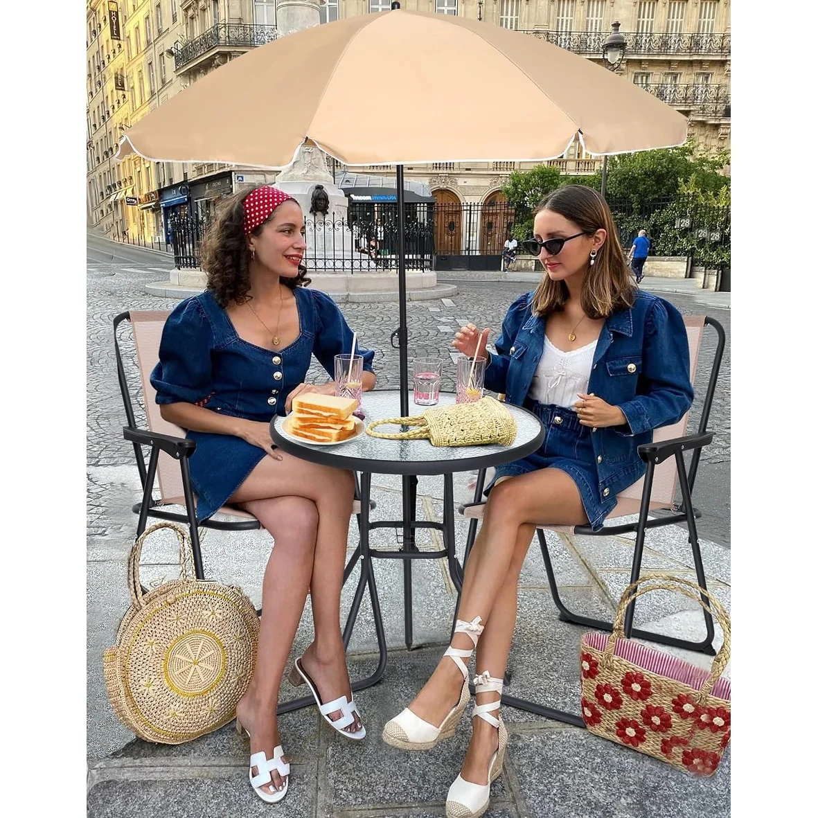 Folding Patio Dining Set, 6-Piece Outdoor Dining Set with Tilted Umbrella, 4 Folding Beige Chairs, 1 Round Tempered Glass Table