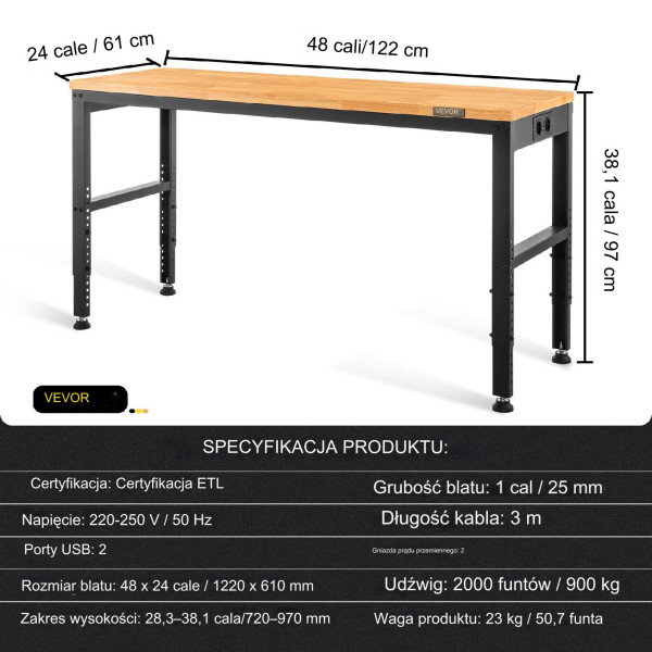 Stół warsztatowy roboczy stolarski roboczy montażowy blat roboczy 122x61cm