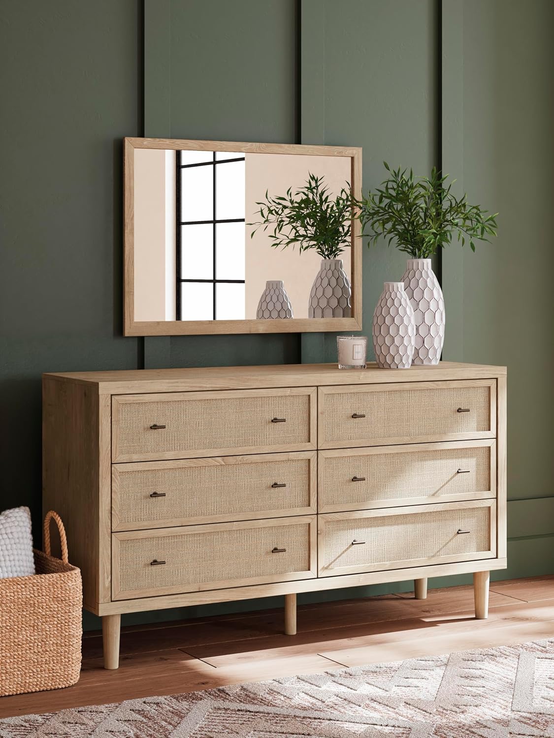Signature Design by Ashley Cielden Coastal 6-Drawer Dresser, Bronze-Tone Knobs, Safety Stop, Textured Cane Details, 62.01 W x 19.65 D x 35.67 H, Light Brown