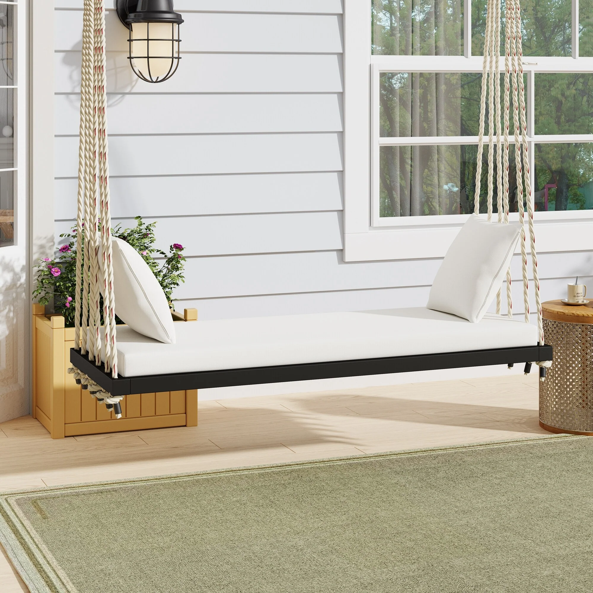 Outdoor Wood Hanging Chair with Cushions & Adjustable Assembly, 400 lbs Capacity, Swing Chair with Durable Hemp Ropes