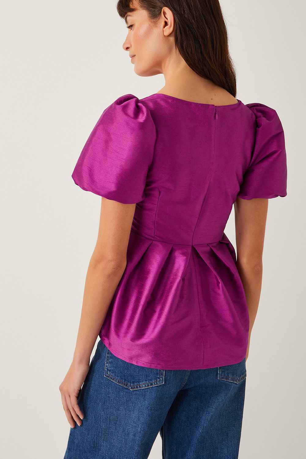 Monsoon Sandra Smock Puff Sleeve Top Purple