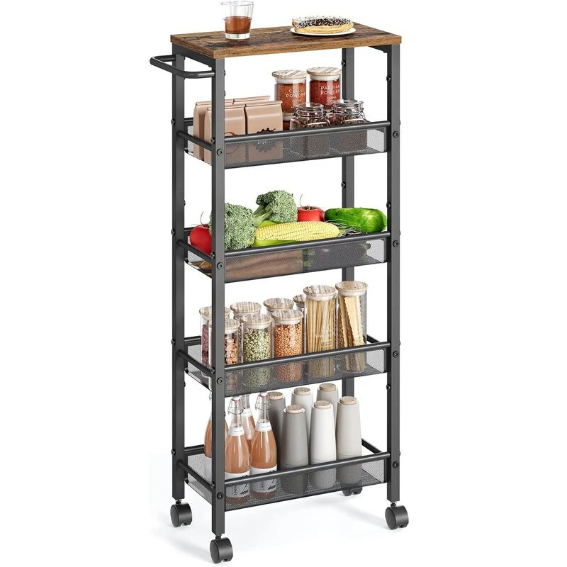 Slim Rolling Cart 5 Tier Storage Cart Narrow Cart with Handles 8.7 Inch Deep, Metal Frame - 8.7D x 17.9W x 39.2H