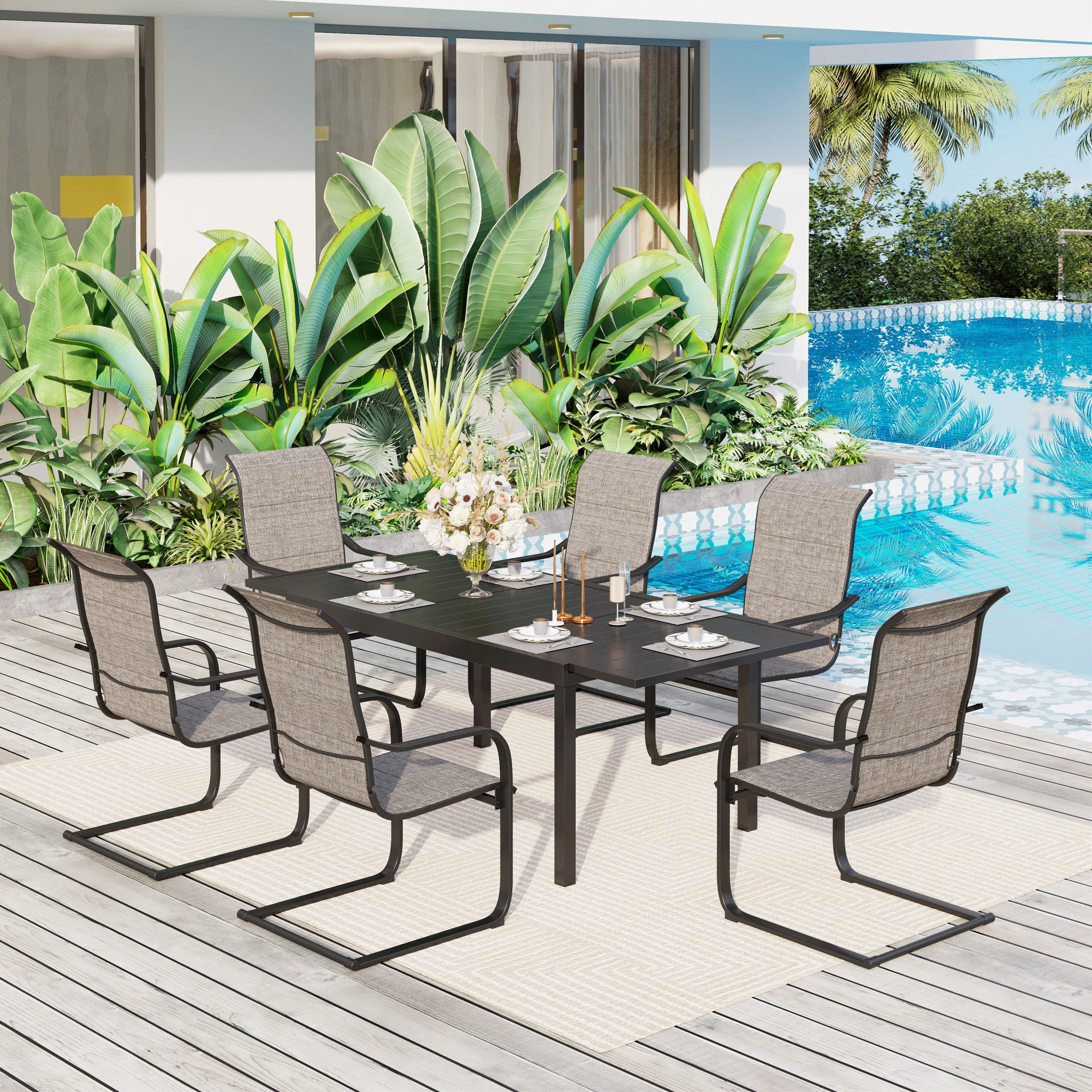 7-Piece Patio Dining Sets , 6 Textilene Fabirc Chairs and 1 Expandable Metal Table