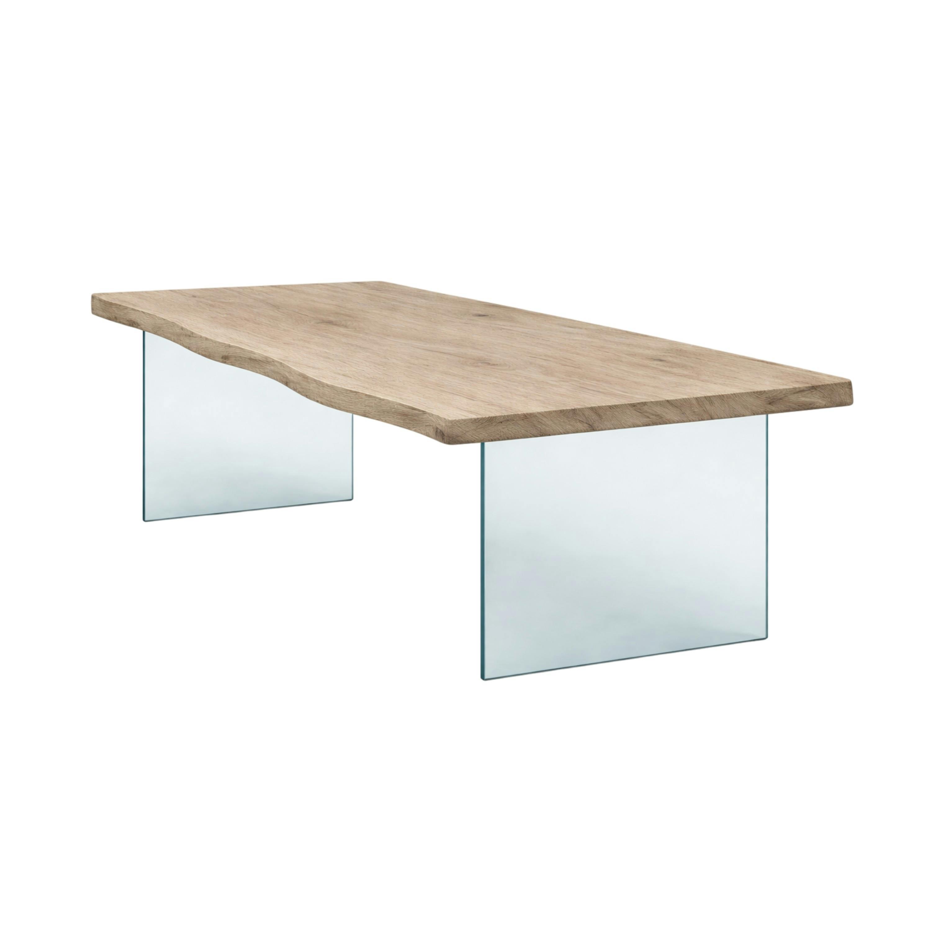Table extensible chêne grisé bords naturels pieds verre 180 cm PALERME