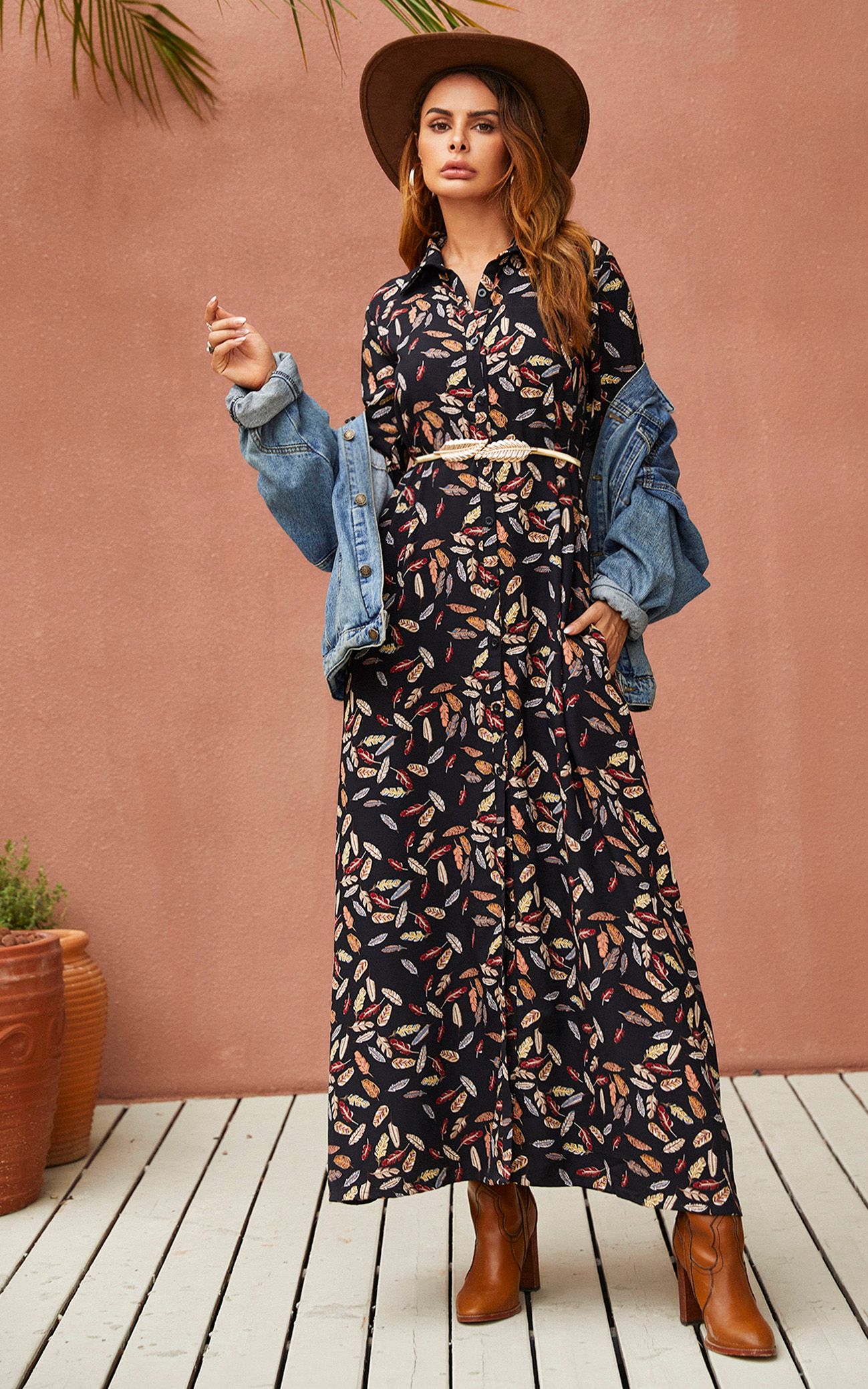 FS Collection Leaf Print Black Shirt Dress With Tie Waist and Free Gold Stretch Leaf Belt