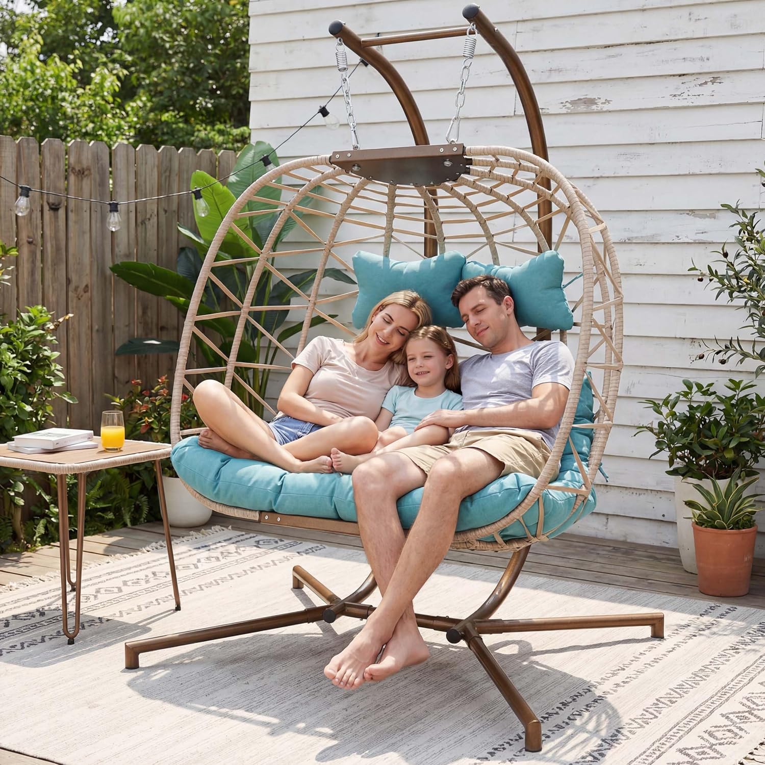 NICESOUL Outdoor Double Egg Chair with Stand, XL Large & Wide All-Weather Cushioned Swing Chair, Heavy Duty Rattan Egg Hammock Loveseat with Stand for Patio Porch Balcony Backyard or Indoor, Turquoise
