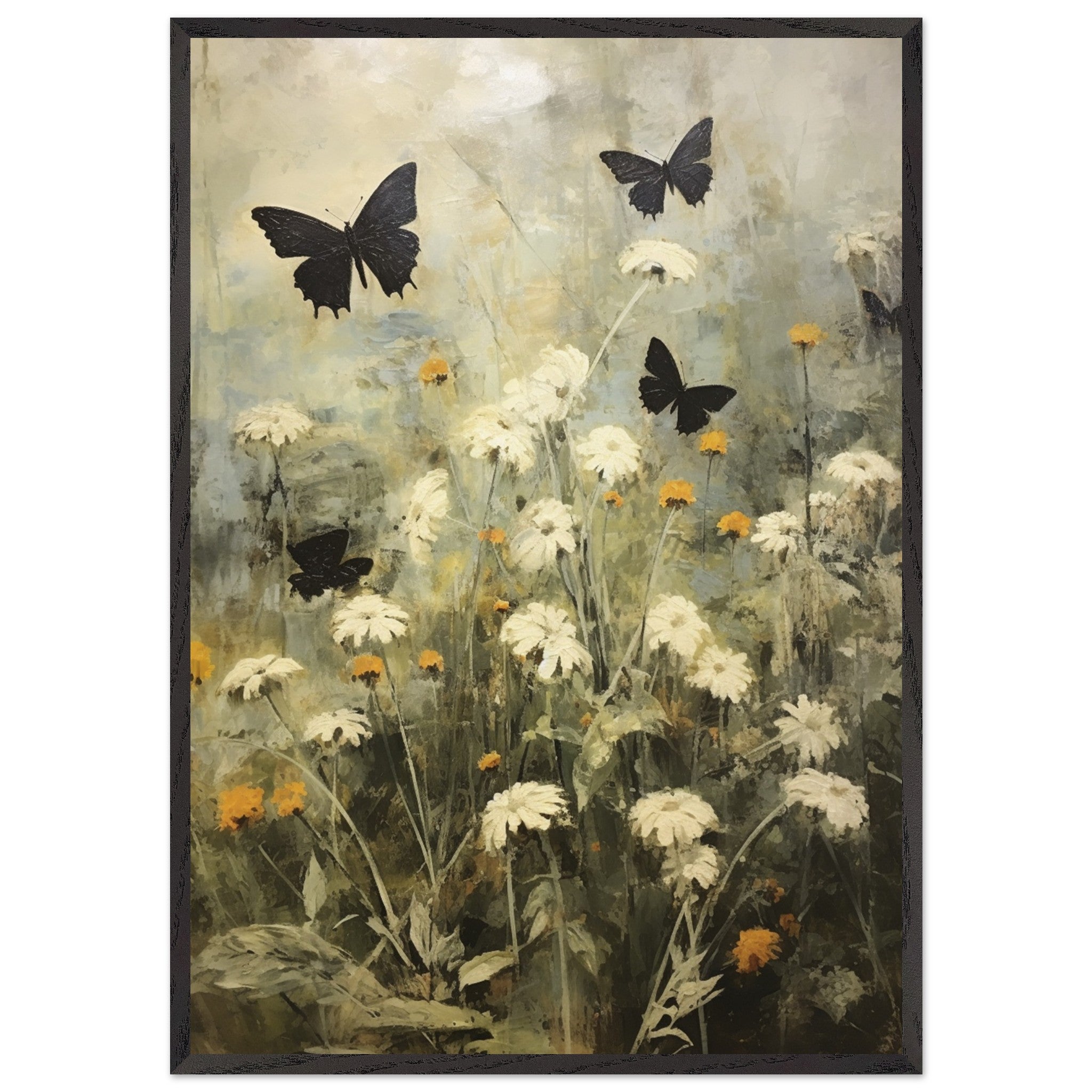 Artfulprints Poster met Lijst Butterflies in flowerfield  - 70x100 cm - Donkergroen