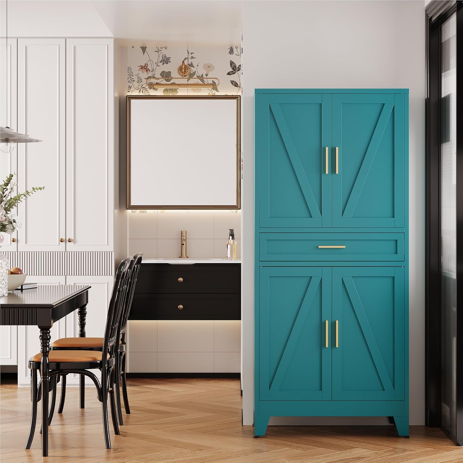 QINPTWUT 71 Farmhouse Pantry Cabinet in Blue, with 4 Doors & Center Drawer, Tall Food Cabinet with Adjustable Shelves, Freestanding Steel Cupboard for Kitchen, Dining Room, Pantry, Garage