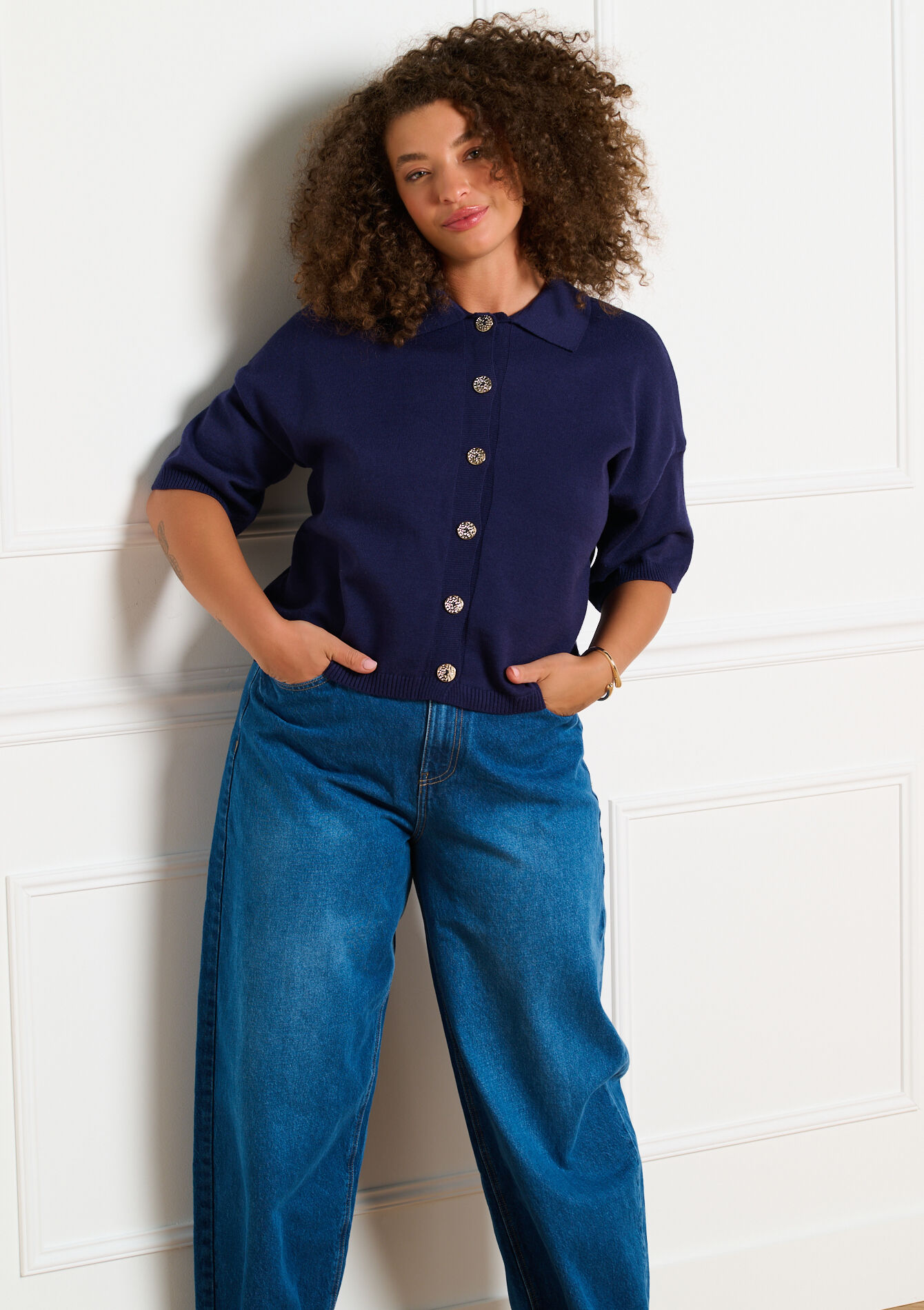 Kortemouw cardigan met polokraag