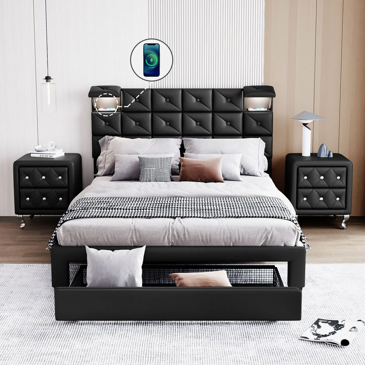 3-Pieces Bedroom Sets,Queen Size Upholstered Platform Bed with Two Wireless Chargers