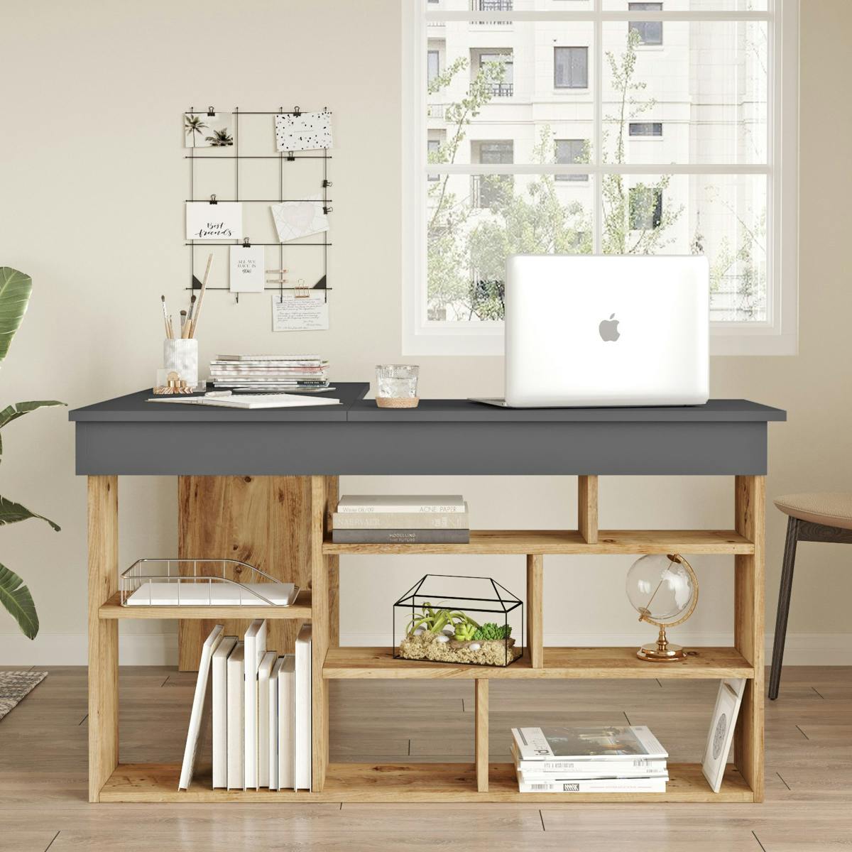 Bureau d'angle gris décor bois à niches de rangement MARFA