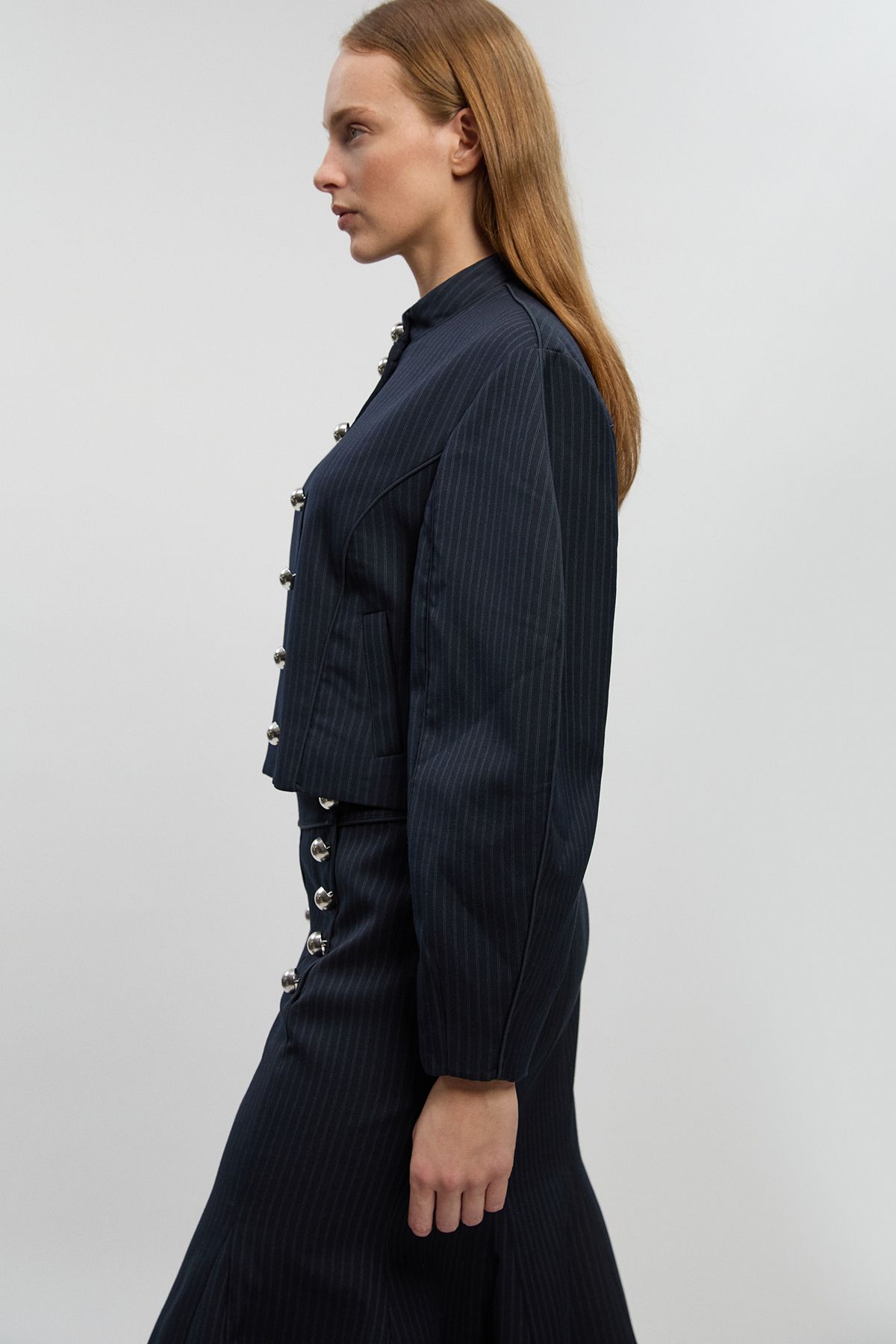 KarenMillen Tailored Pinstripe High Neck Jacket