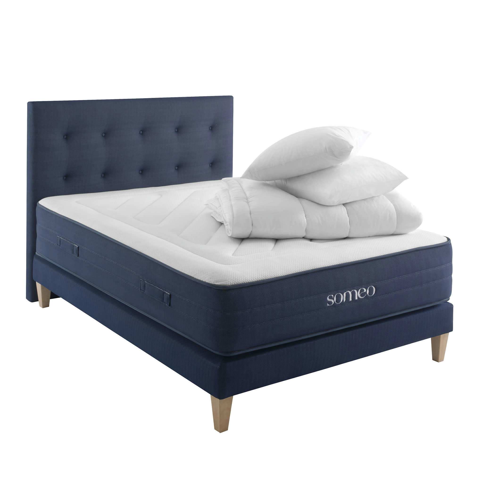 REVE 700 - Ensemble matelas, latex, sommier, pieds, tête de lit, couette oreiller