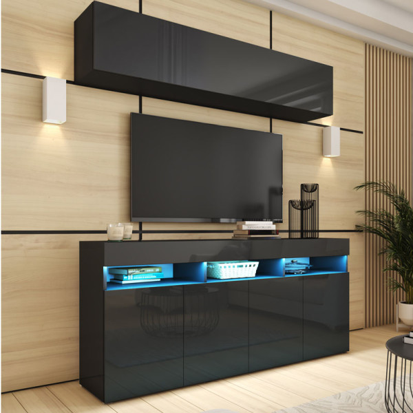 Meblościanka PREMIUM 175 cm komoda barek czarny połysk