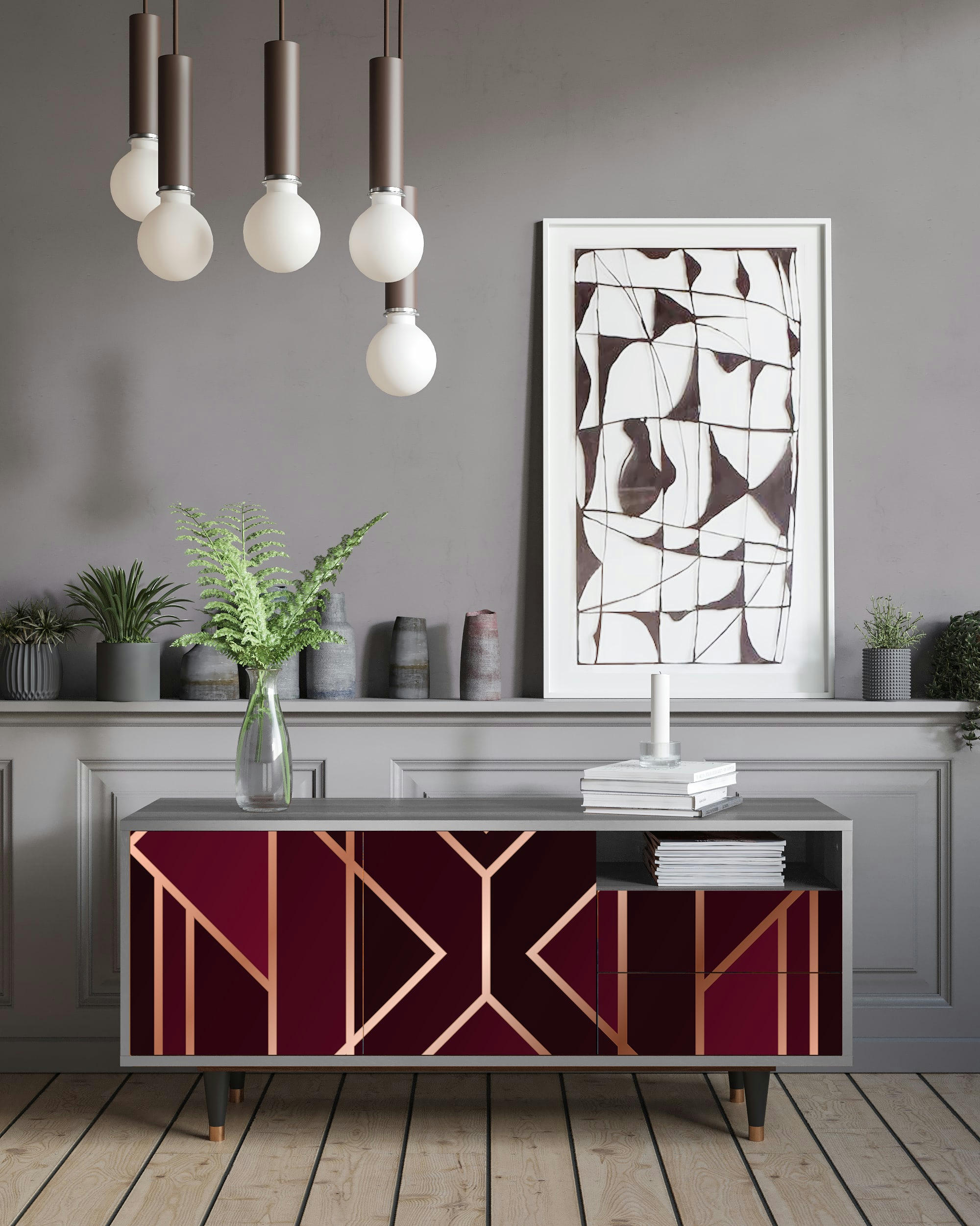 BURGUNDY JEWELERY - Meuble TV  bordeaux 2 tiroirs et 2 portes L 125 cm